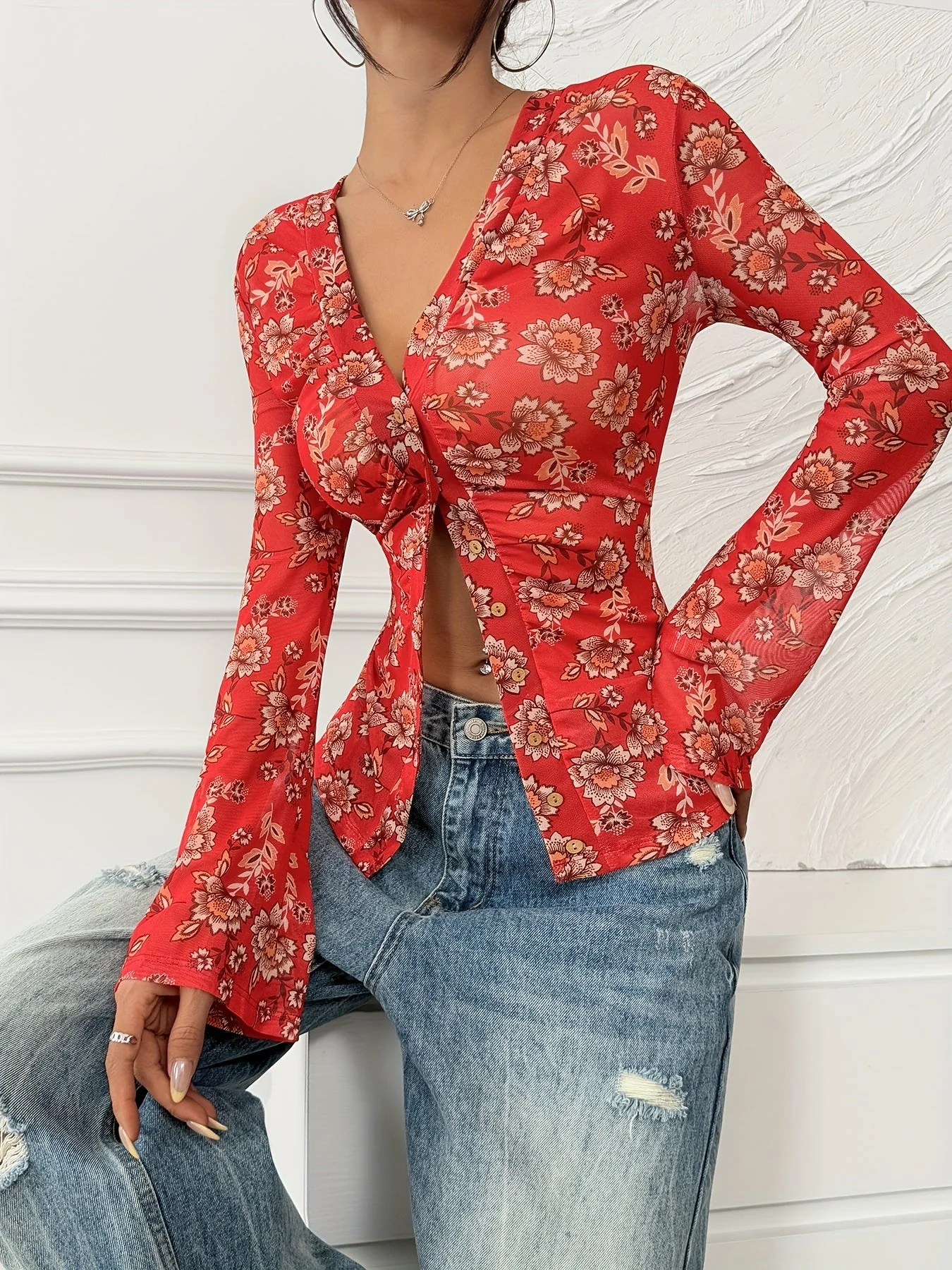 Chemisier femme style bohème à fleurs coupe cintrée, manches longues, idéal printemps-été - Image 6