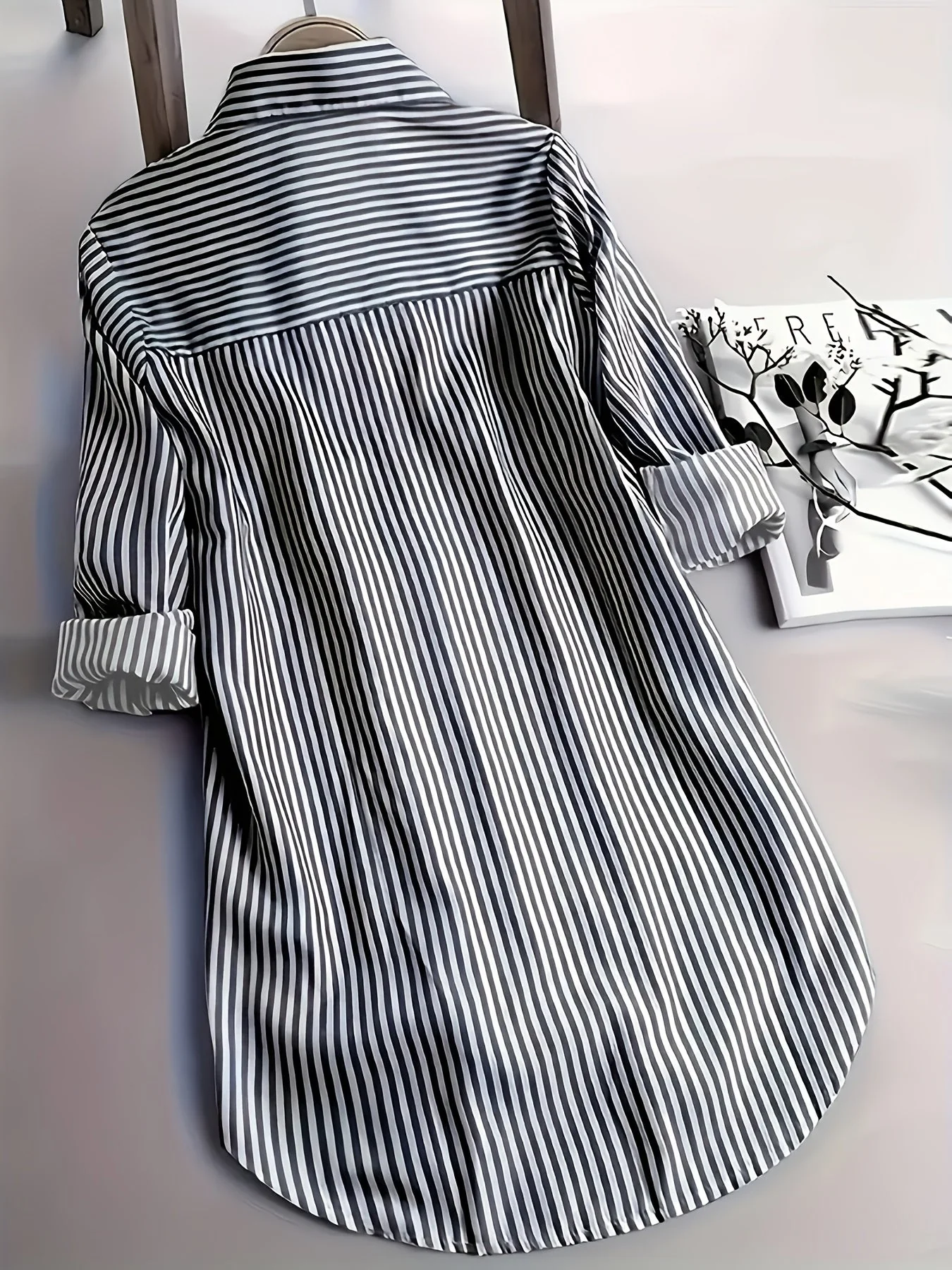 Chemisier long à rayures style décontracté pour femme, manches longues, idéal pour tous les jours - Image 8