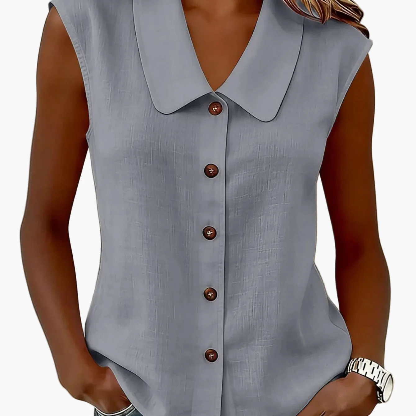 Chemisier sans manches à col Claudine pour femme, style décontracté chic, idéal pour le printemps et l'été - Image 10