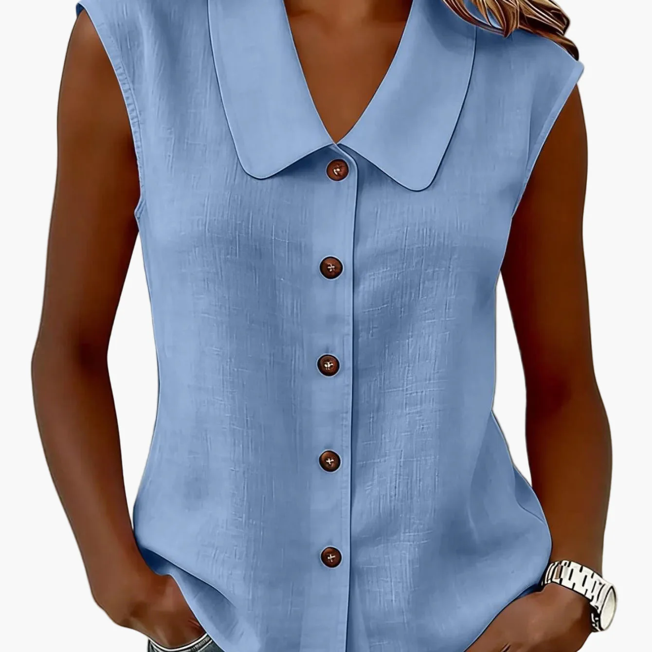 Chemisier sans manches à col Claudine pour femme, style décontracté chic, idéal pour le printemps et l'été - Image 11