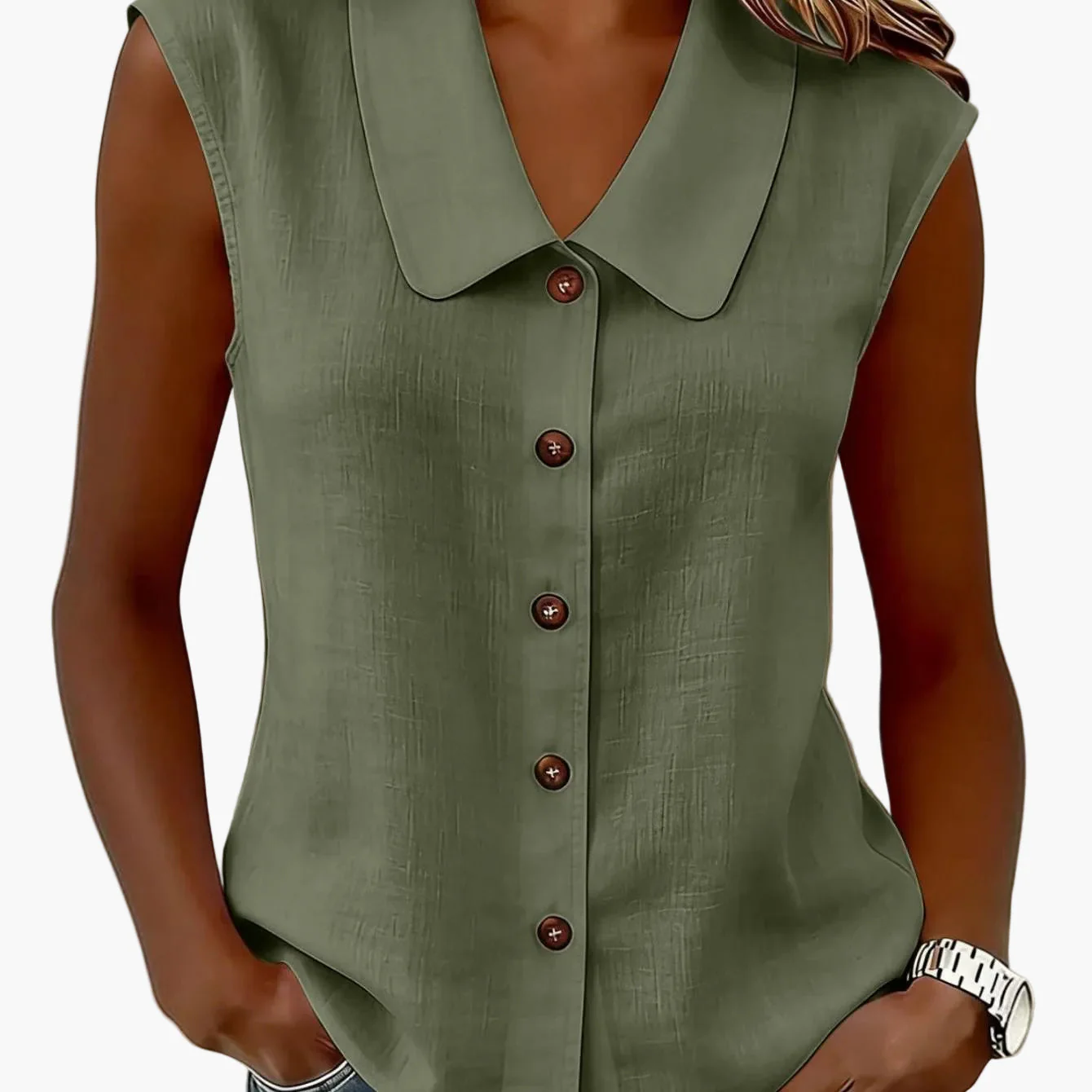 Chemisier sans manches à col Claudine pour femme, style décontracté chic, idéal pour le printemps et l'été - Image 12