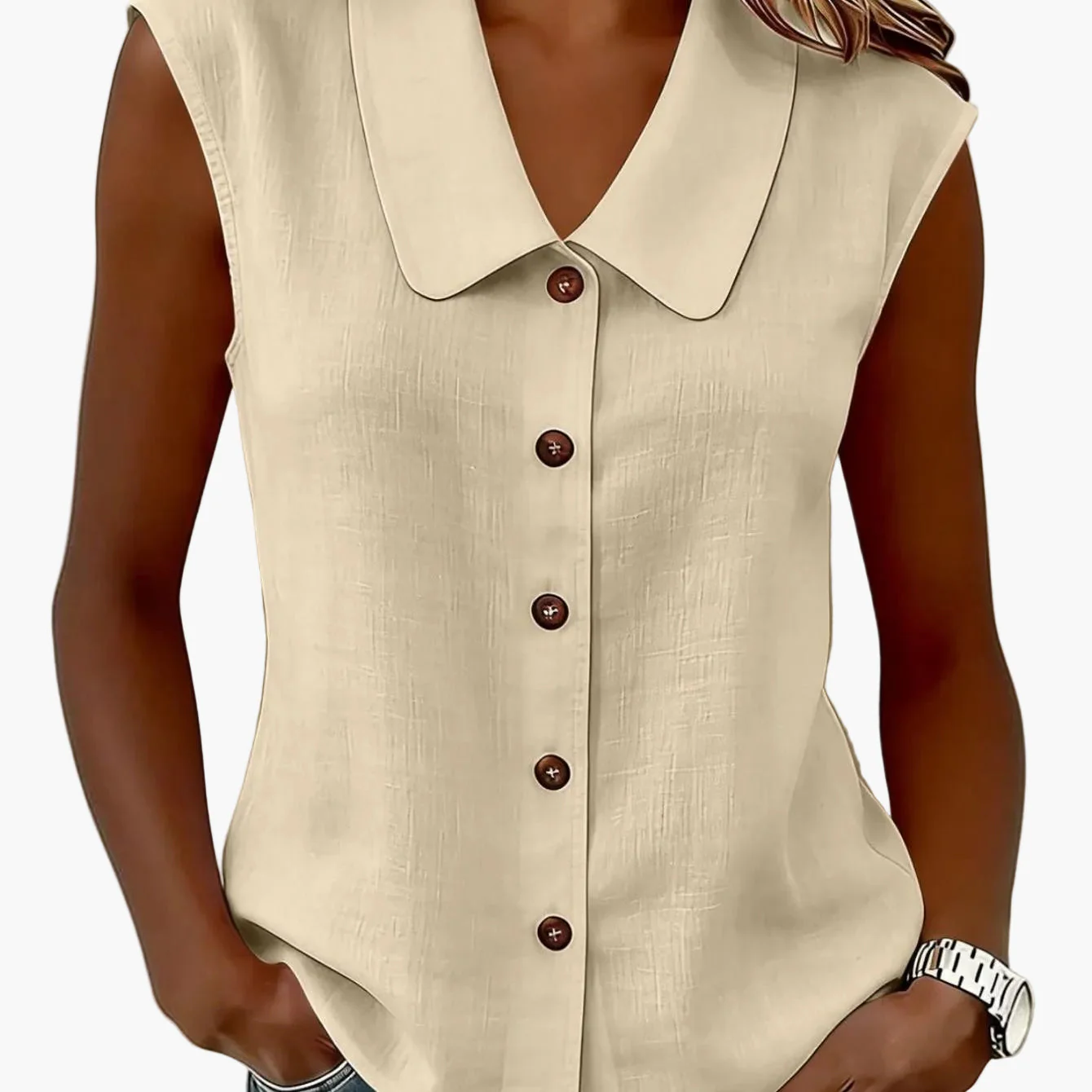 Chemisier sans manches à col Claudine pour femme, style décontracté chic, idéal pour le printemps et l'été - Image 13
