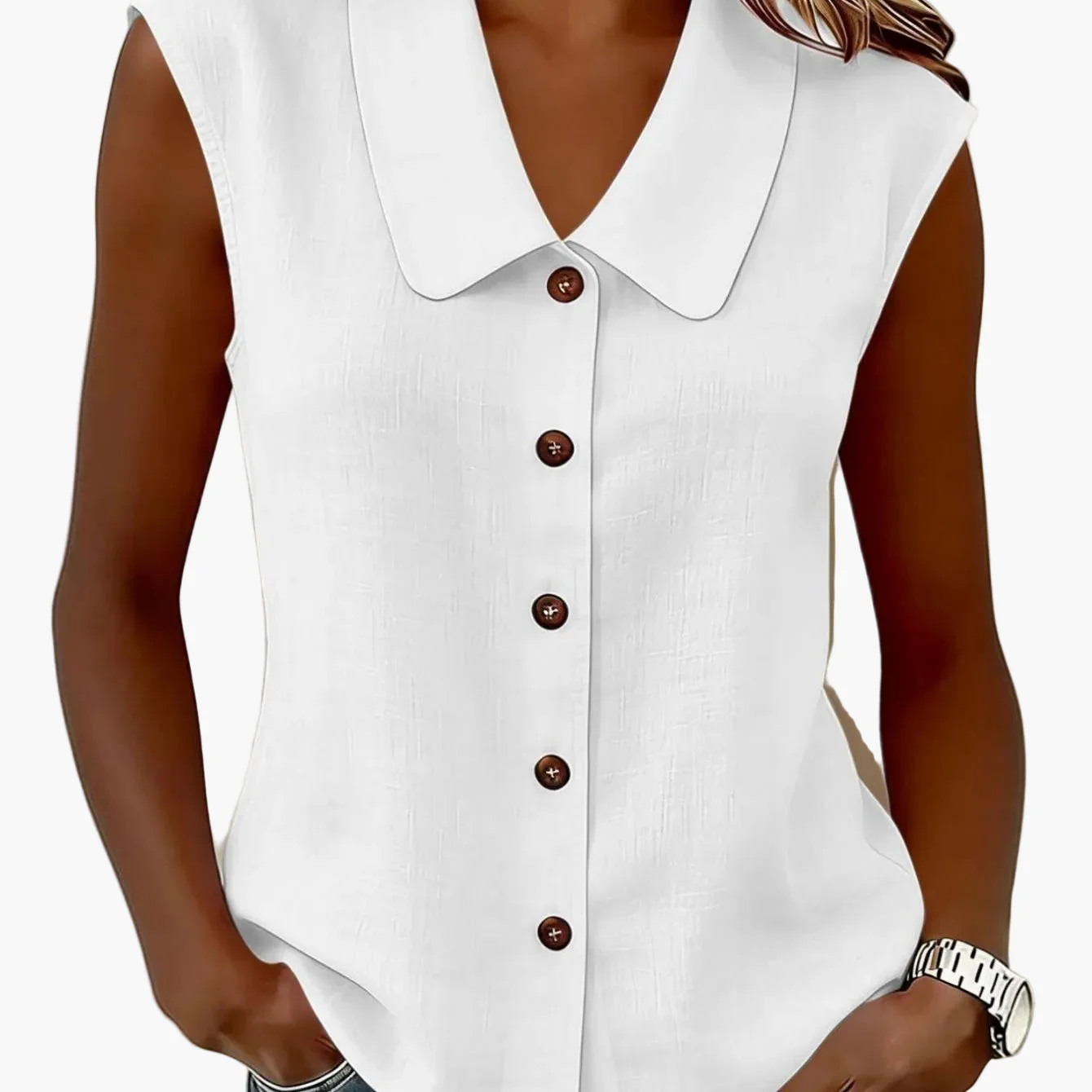 Chemisier sans manches à col Claudine pour femme, style décontracté chic, idéal pour le printemps et l'été - Image 14