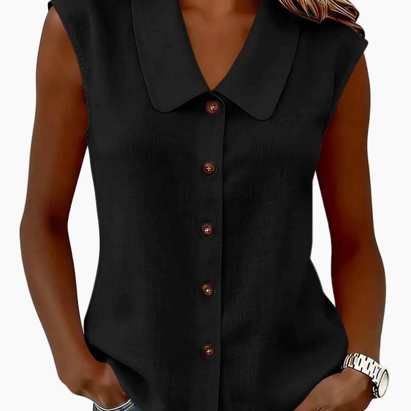 Chemisier sans manches à col Claudine pour femme, style décontracté chic, idéal pour le printemps et l'été - Image 15