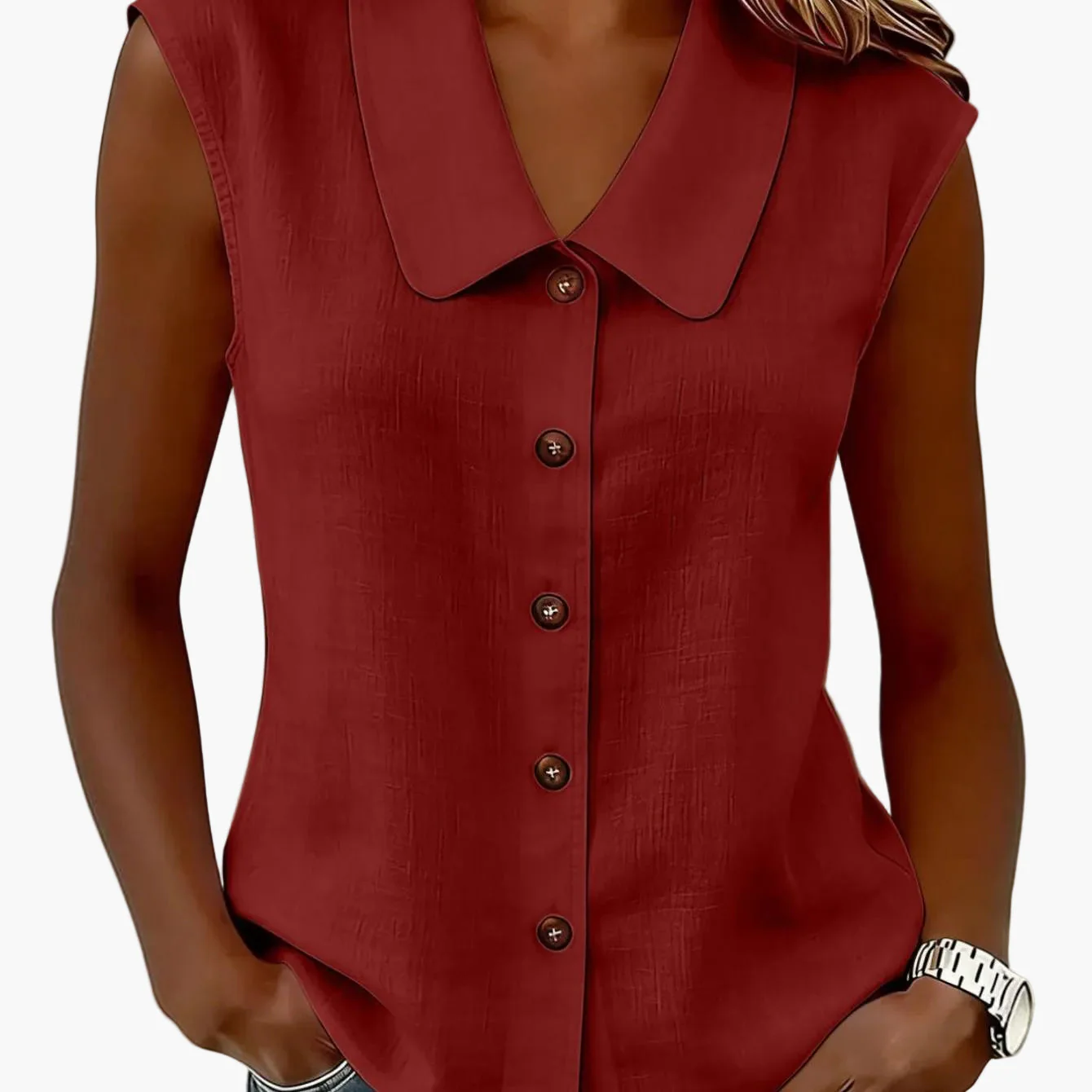Chemisier sans manches à col Claudine pour femme, style décontracté chic, idéal pour le printemps et l'été - Image 17