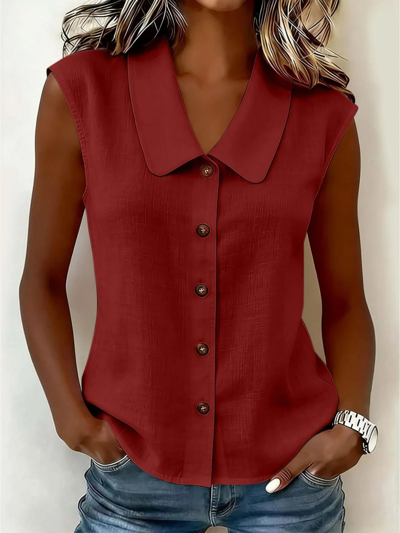 Chemisier sans manches à col Claudine pour femme, style décontracté chic, idéal pour le printemps et l'été - Image 2