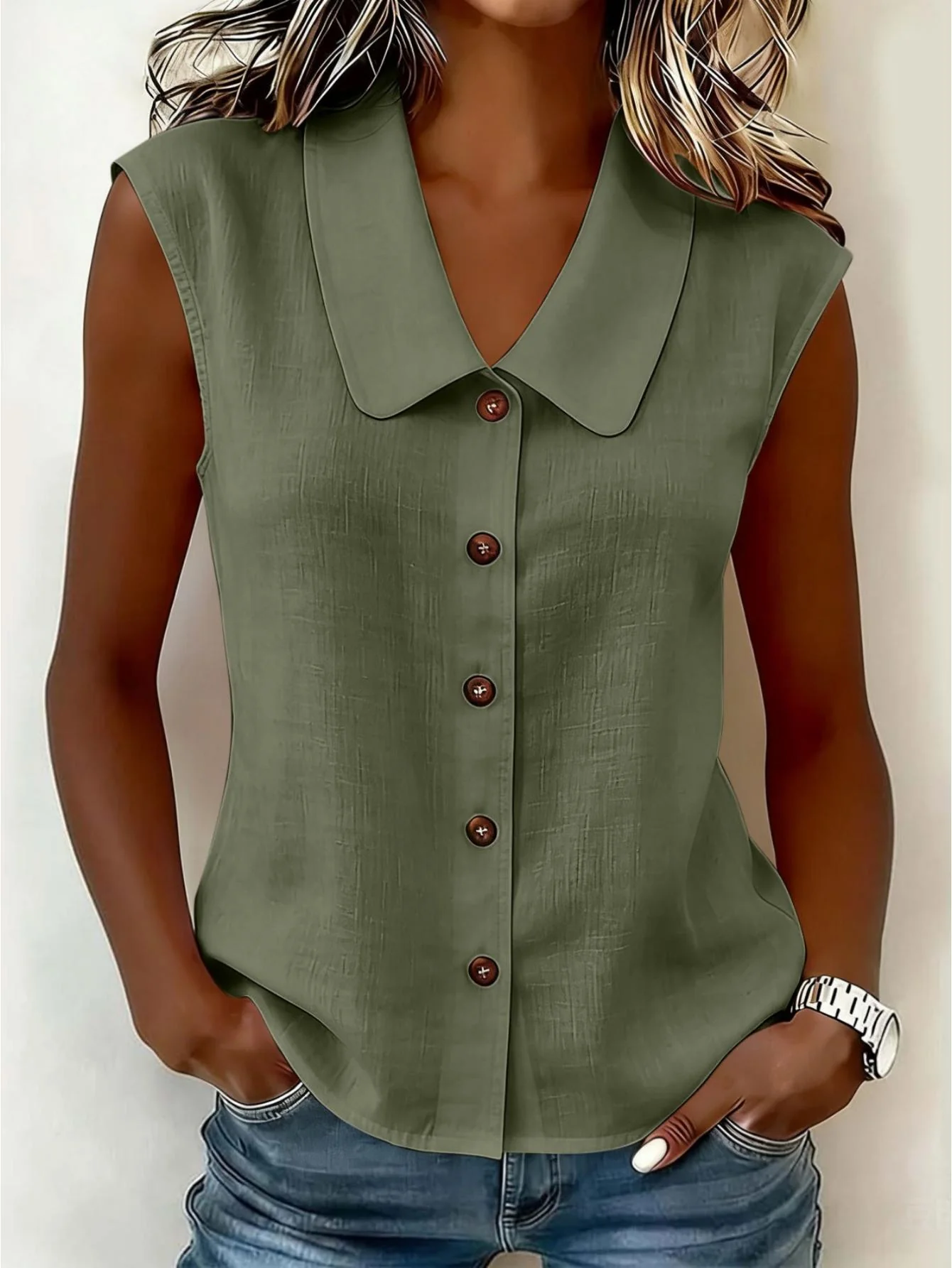 Chemisier sans manches à col Claudine pour femme, style décontracté chic, idéal pour le printemps et l'été - Image 3