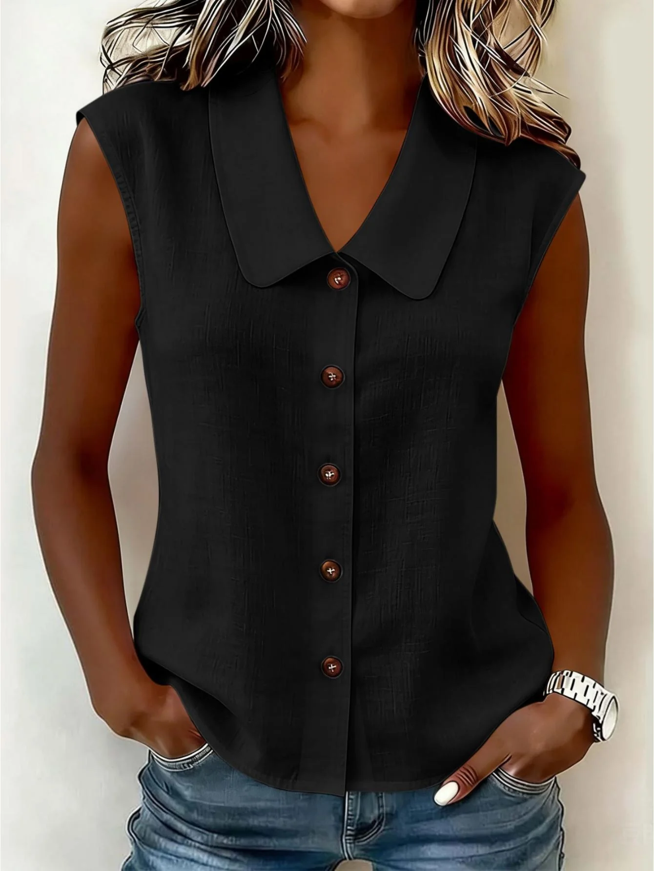 Chemisier sans manches à col Claudine pour femme, style décontracté chic, idéal pour le printemps et l'été - Image 4