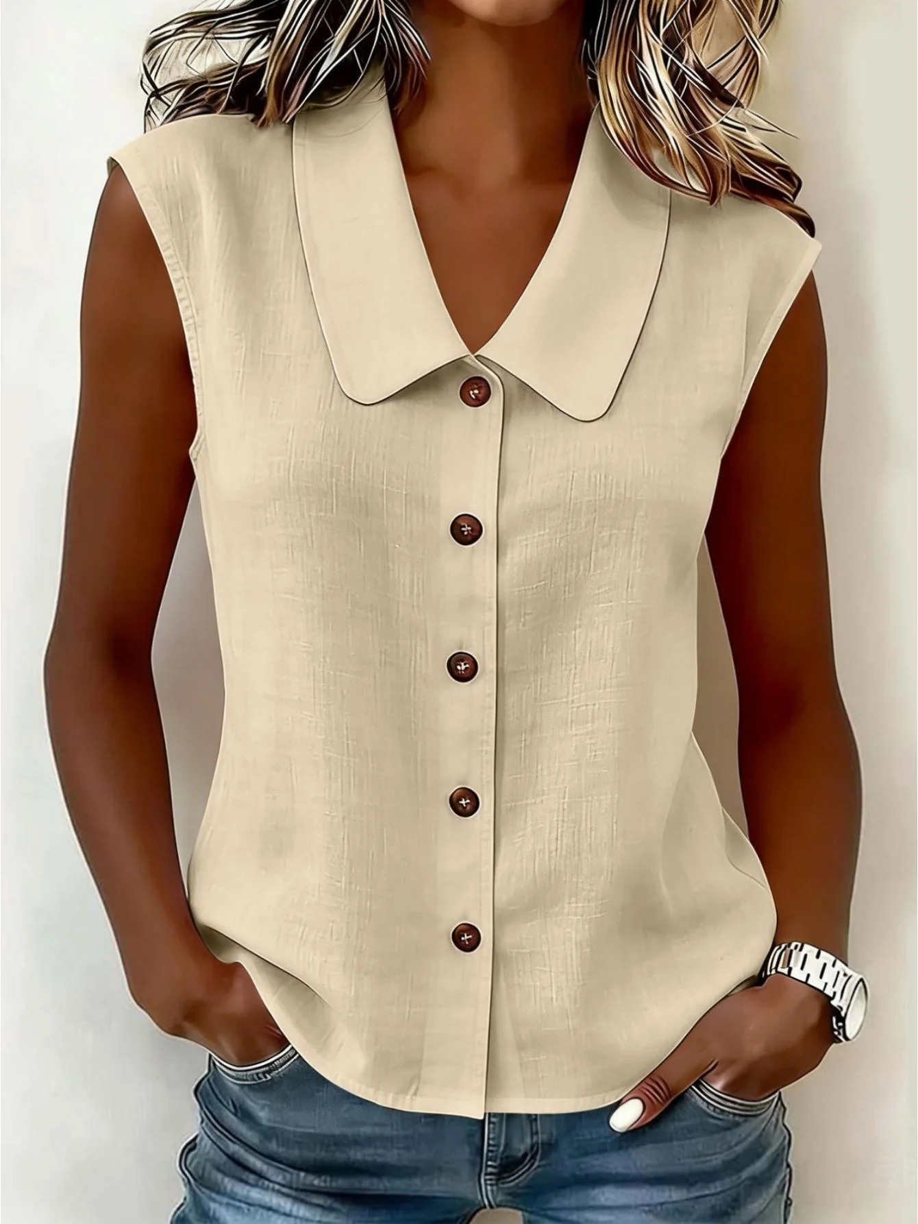 Chemisier sans manches à col Claudine pour femme, style décontracté chic, idéal pour le printemps et l'été - Image 5