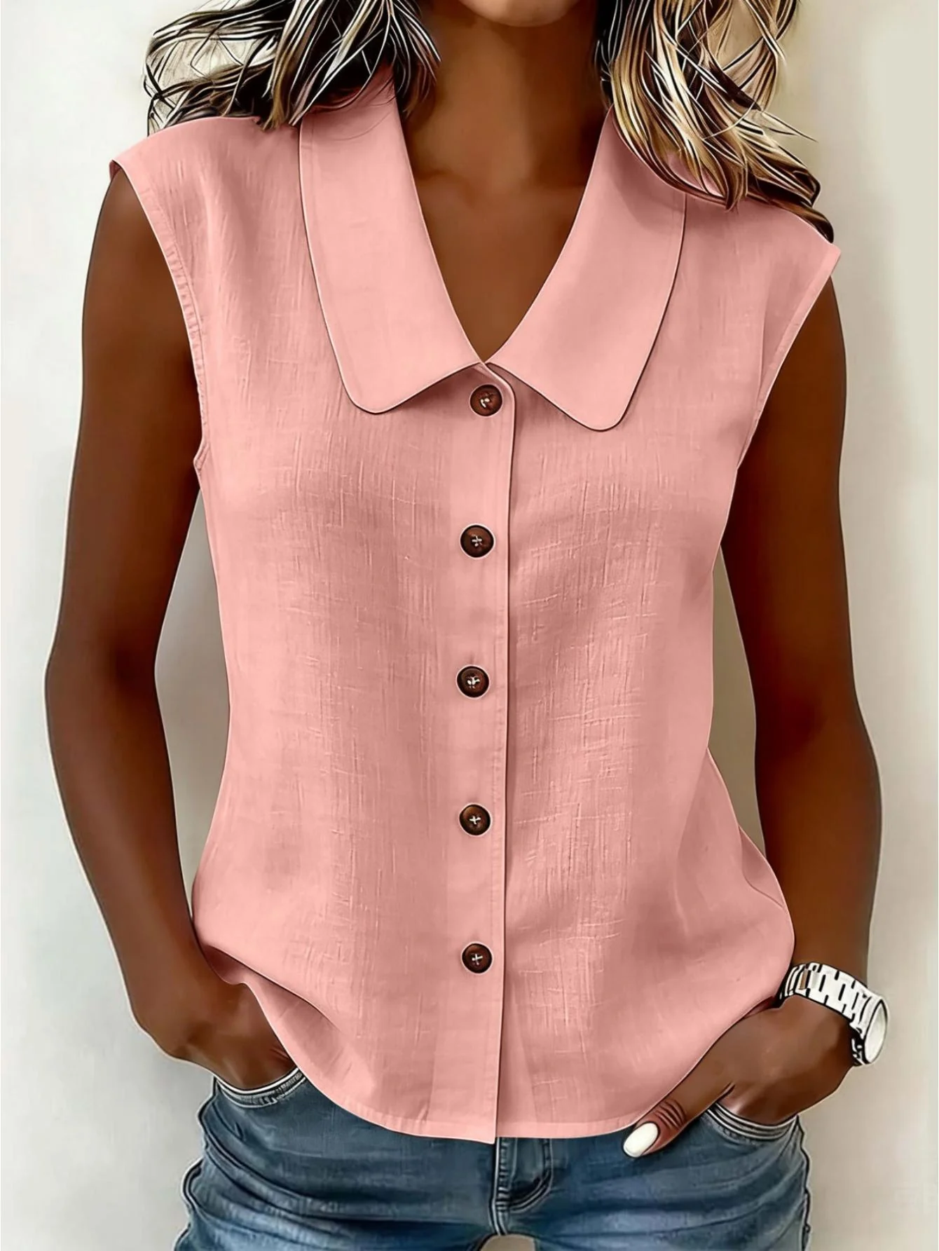 Chemisier sans manches à col Claudine pour femme, style décontracté chic, idéal pour le printemps et l'été - Image 6