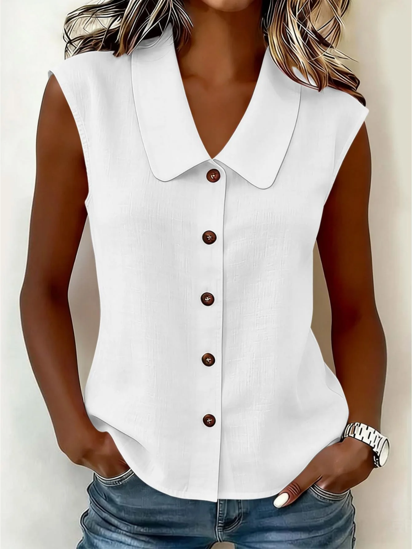 Chemisier sans manches à col Claudine pour femme, style décontracté chic, idéal pour le printemps et l'été - Image 7