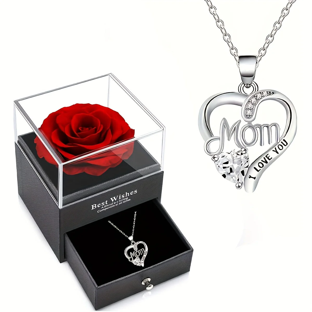 Collier Femme Pendentif Coeur 'Mom' avec Rose Éternelle – Cadeau Élégant pour la Fête des Mères - Image 11