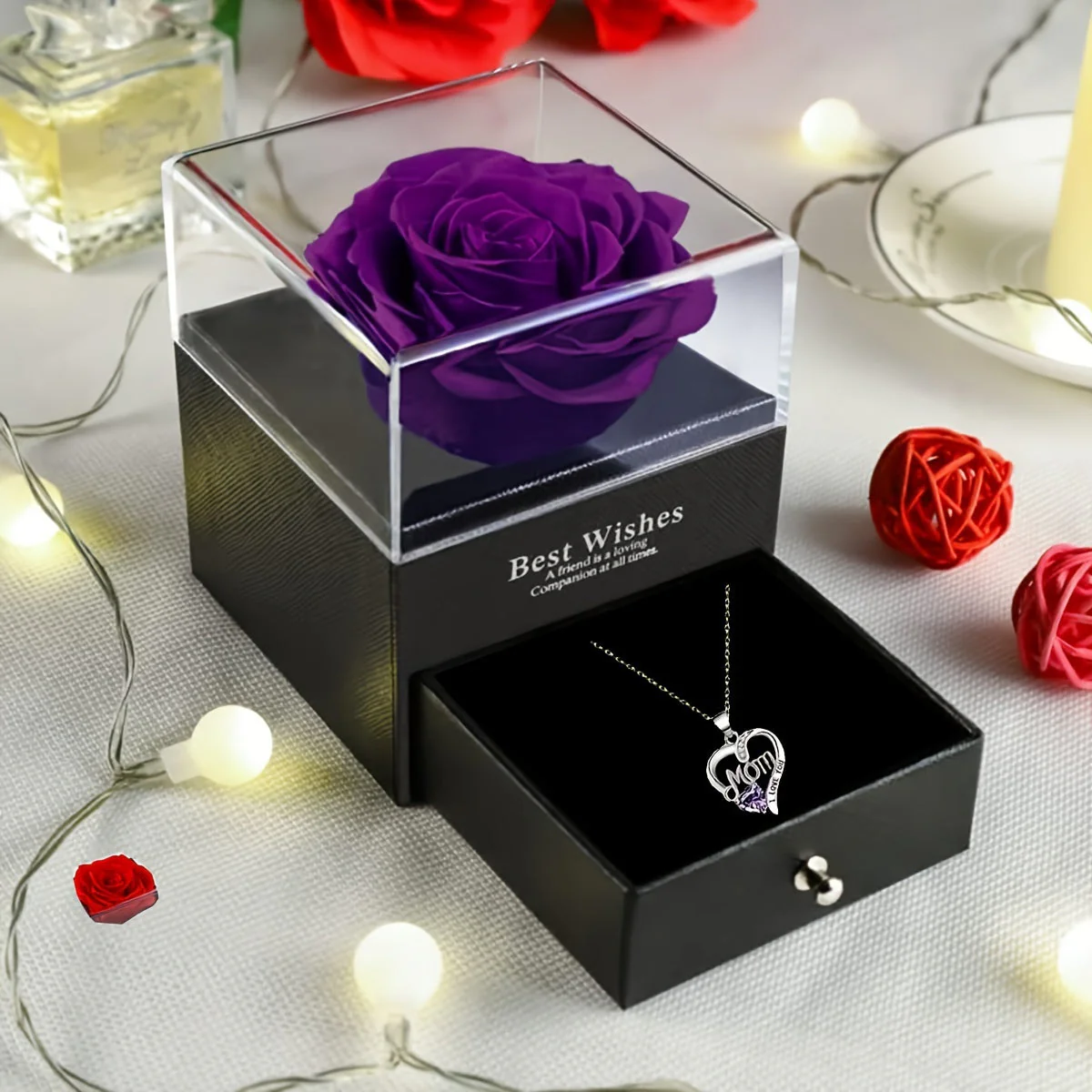 Collier Femme Pendentif Coeur 'Mom' avec Rose Éternelle – Cadeau Élégant pour la Fête des Mères - Image 18