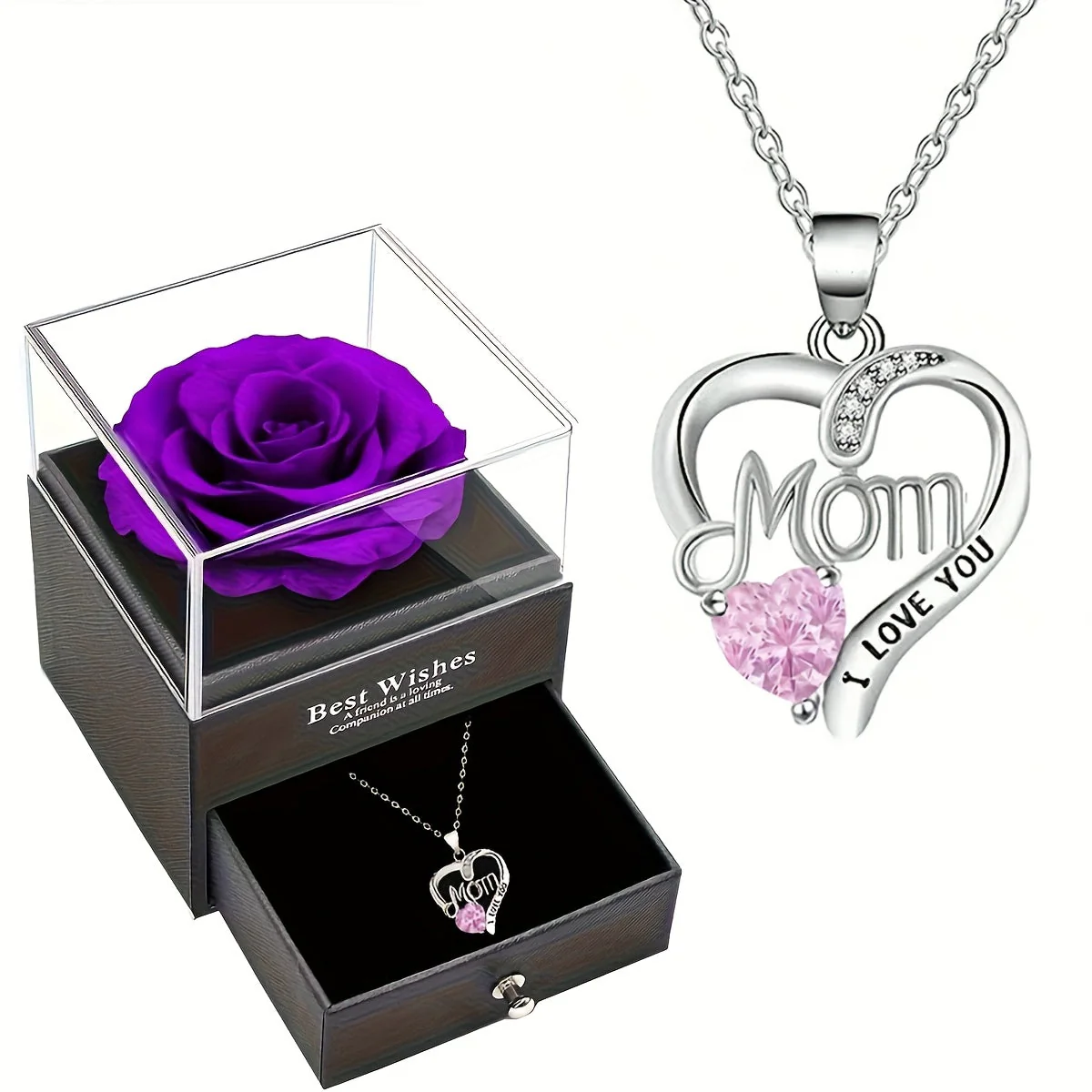 Collier Femme Pendentif Coeur 'Mom' avec Rose Éternelle – Cadeau Élégant pour la Fête des Mères - Image 4