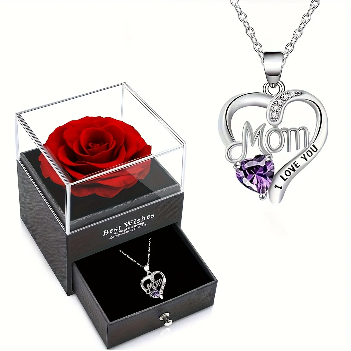 Collier Femme Pendentif Coeur 'Mom' avec Rose Éternelle – Cadeau Élégant pour la Fête des Mères - Image 9