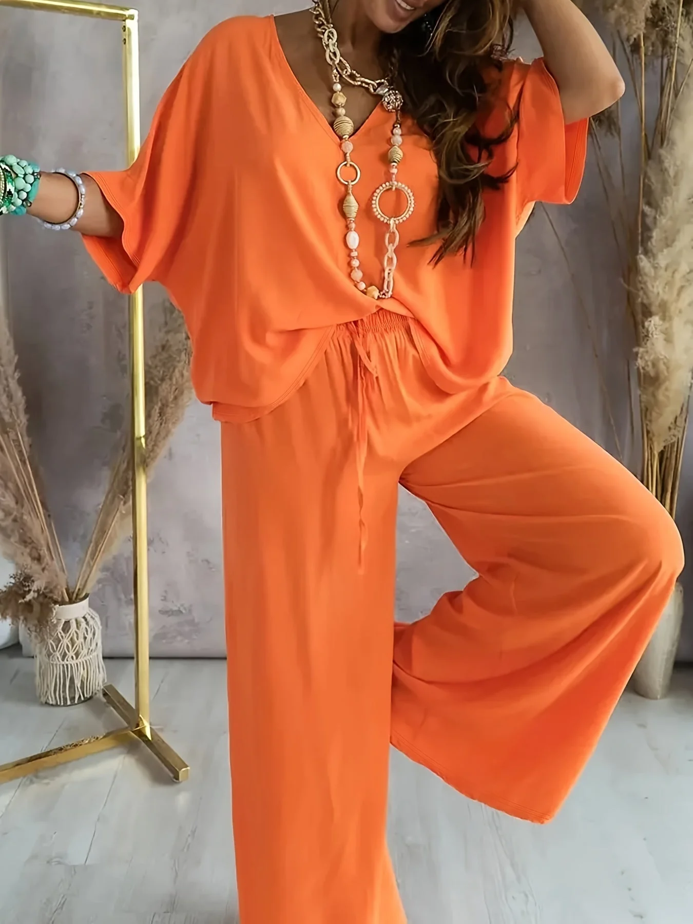 Combinaison Pantalon Femme Style Décontracté Chic à Manches Courtes et Col V – Parfaite pour Printemps et Été - Image 3