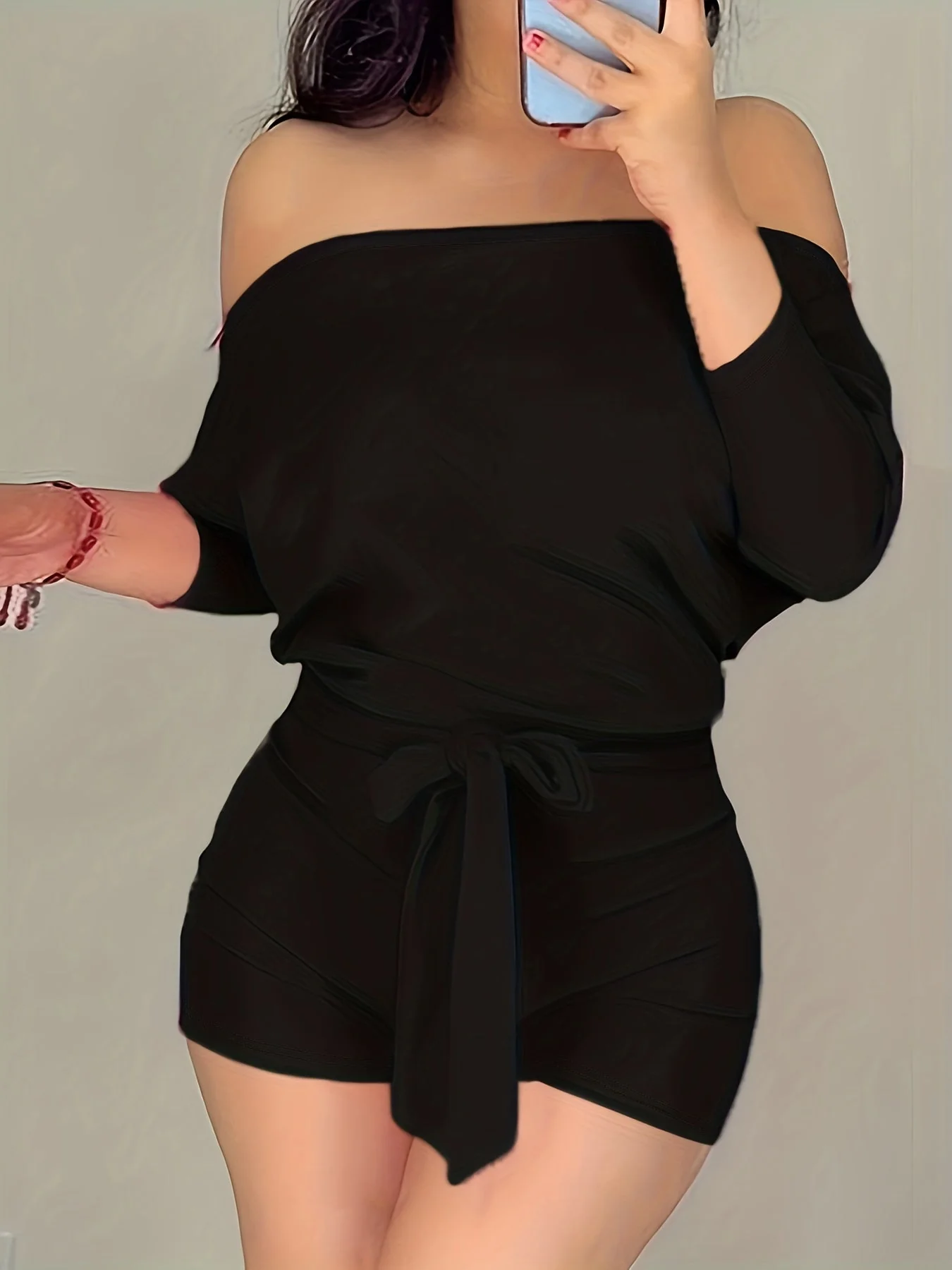Combinaison Short Décontractée Femme Style Bardot à Manches Longues pour Été - Image 2