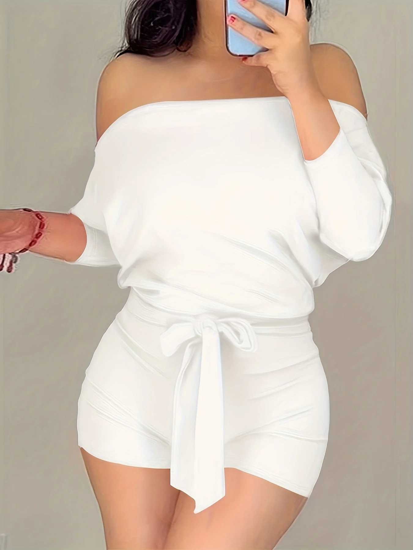 Combinaison Short Décontractée Femme Style Bardot à Manches Longues pour Été - Image 3