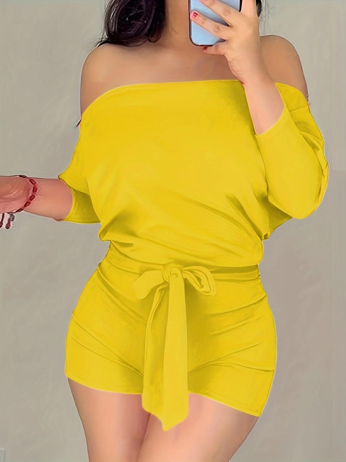 Combinaison Short Décontractée Femme Style Bardot à Manches Longues pour Été - Image 4