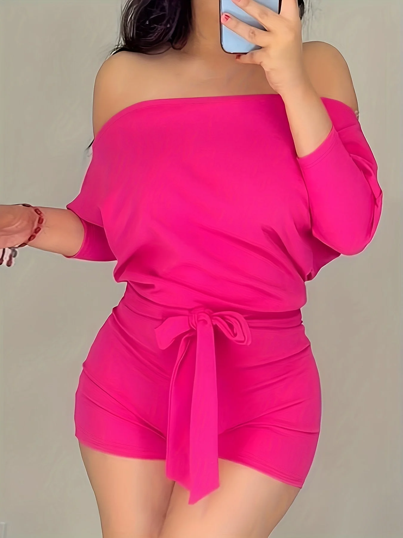 Combinaison Short Décontractée Femme Style Bardot à Manches Longues pour Été - Image 5