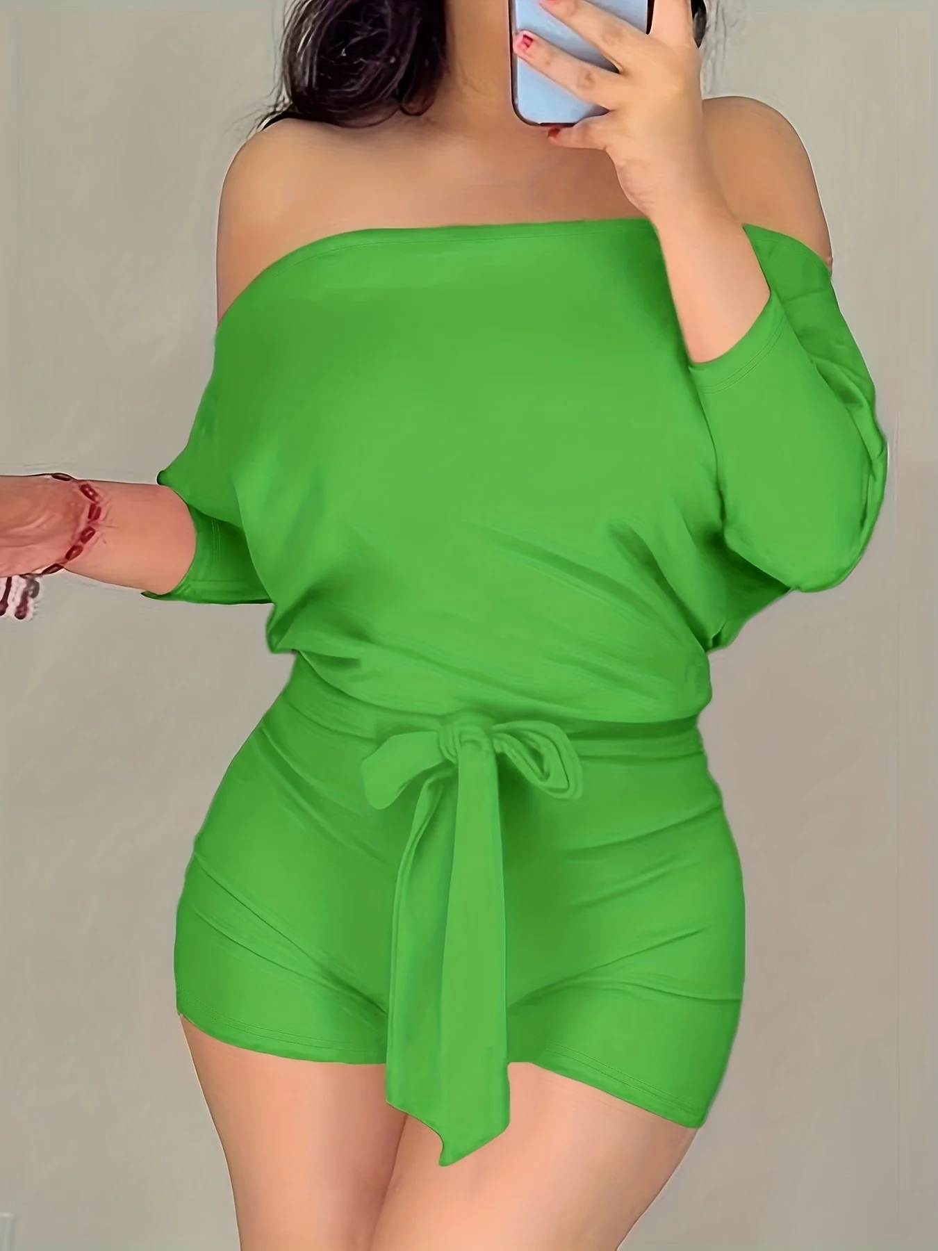 Combinaison Short Décontractée Femme Style Bardot à Manches Longues pour Été - Image 7
