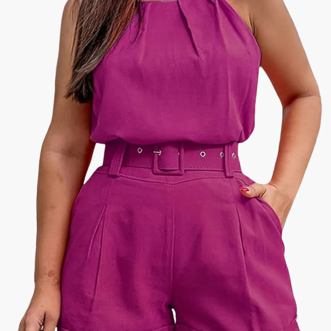 Combinaison Short Élégante Femme Sans Manches Style Printemps Été avec Ceinture - Image 10