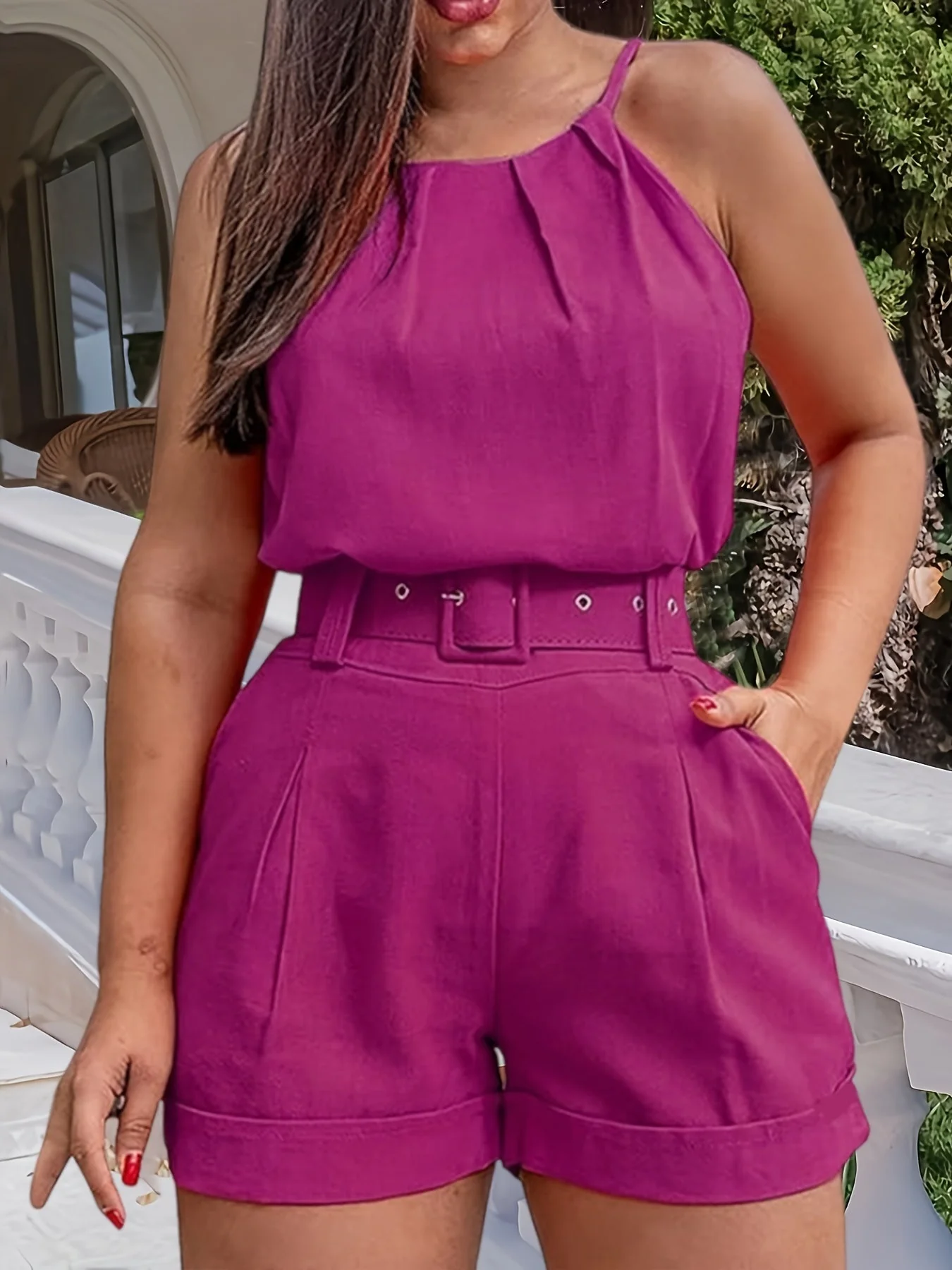 Combinaison Short Élégante Femme Sans Manches Style Printemps Été avec Ceinture - Image 4