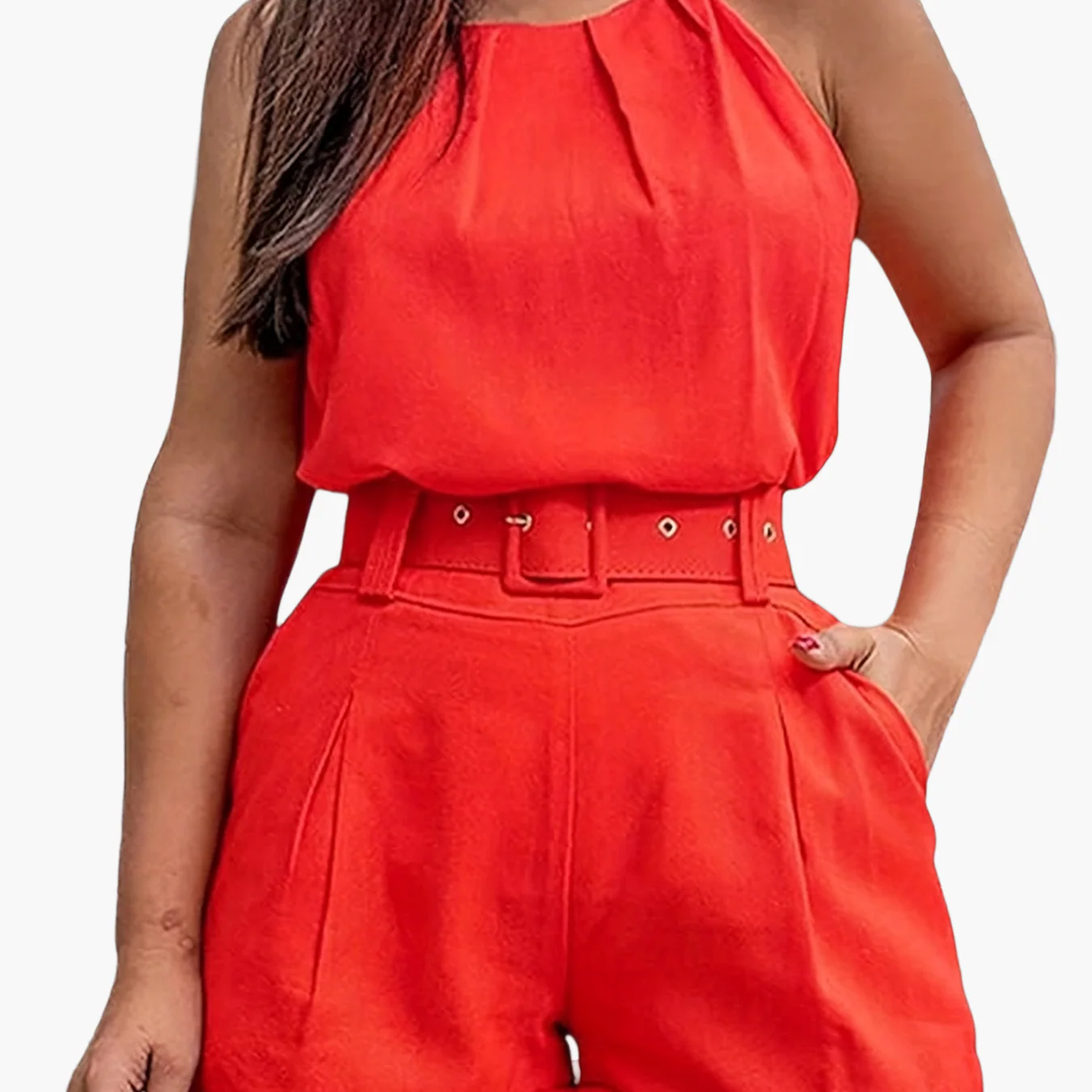 Combinaison Short Élégante Femme Sans Manches Style Printemps Été avec Ceinture - Image 9