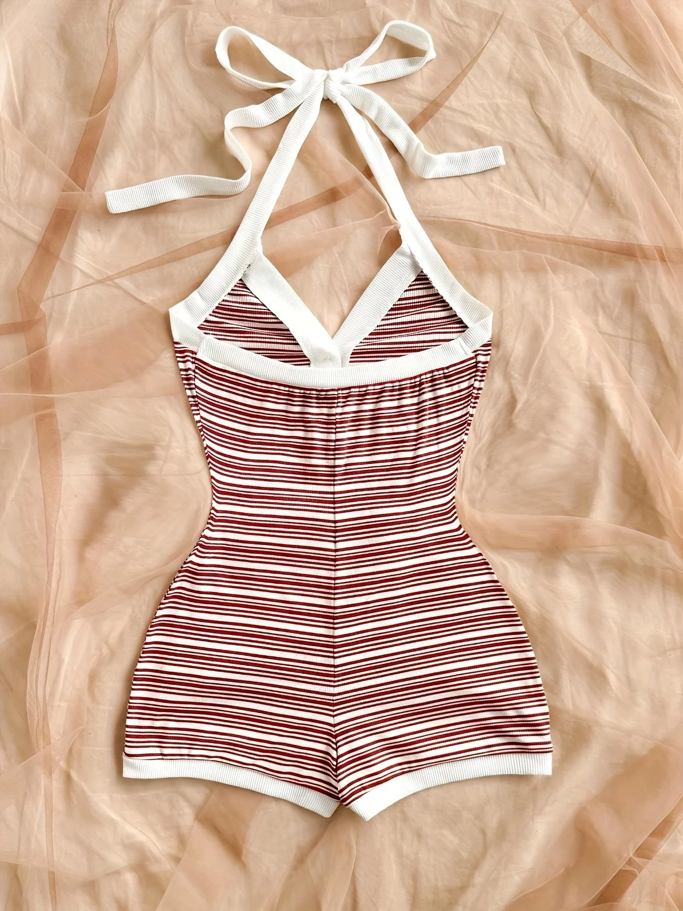 Combinaison short d'été femme style rétro chic à rayures pour loisirs et plage - Image 2