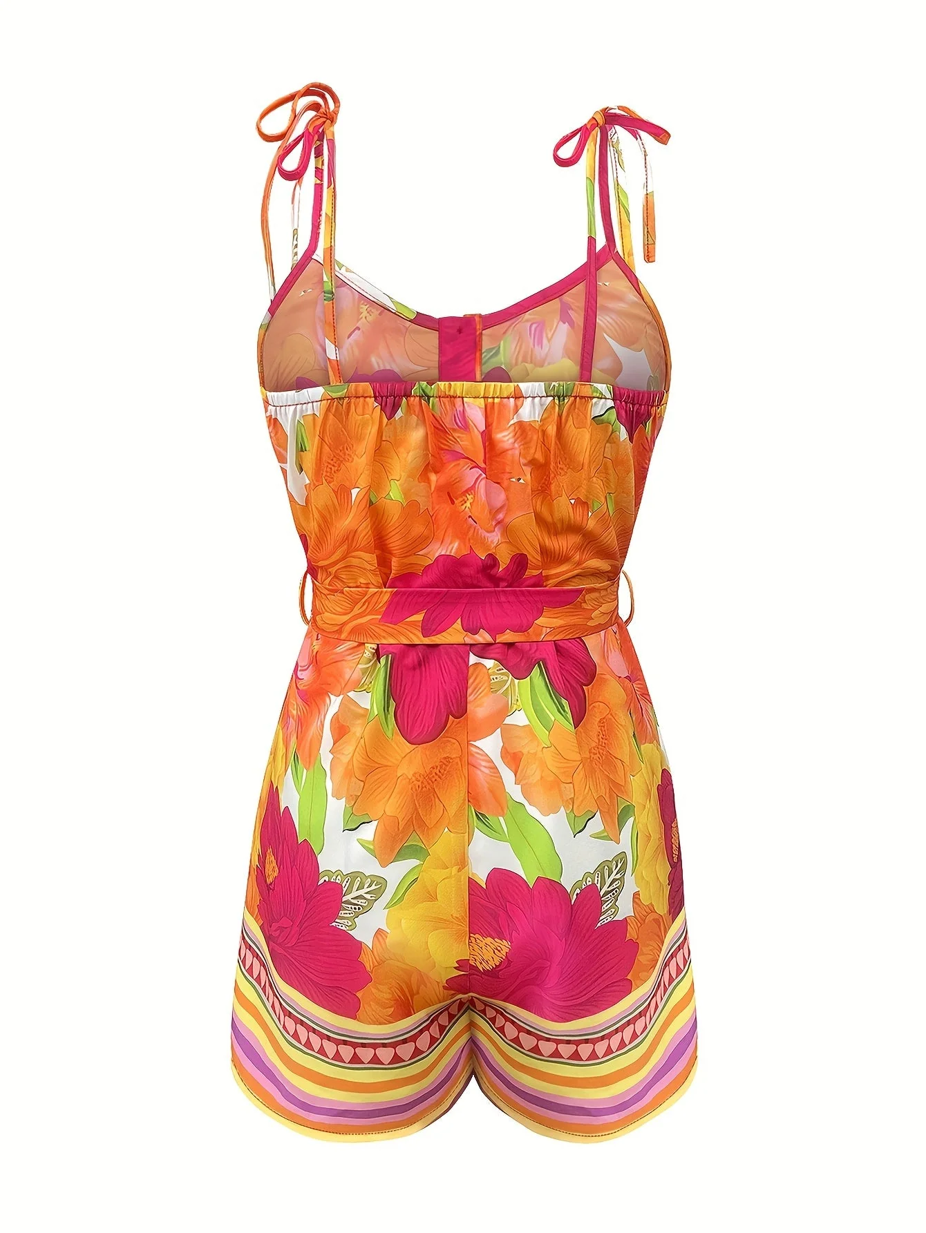 Combinaison short femme élégante motif tropical style été avec ceinture - Look vacances chic - Image 4