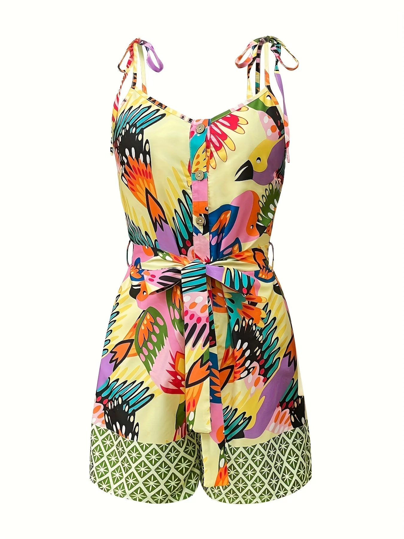 Combinaison short femme élégante motif tropical style été avec ceinture - Look vacances chic - Image 5