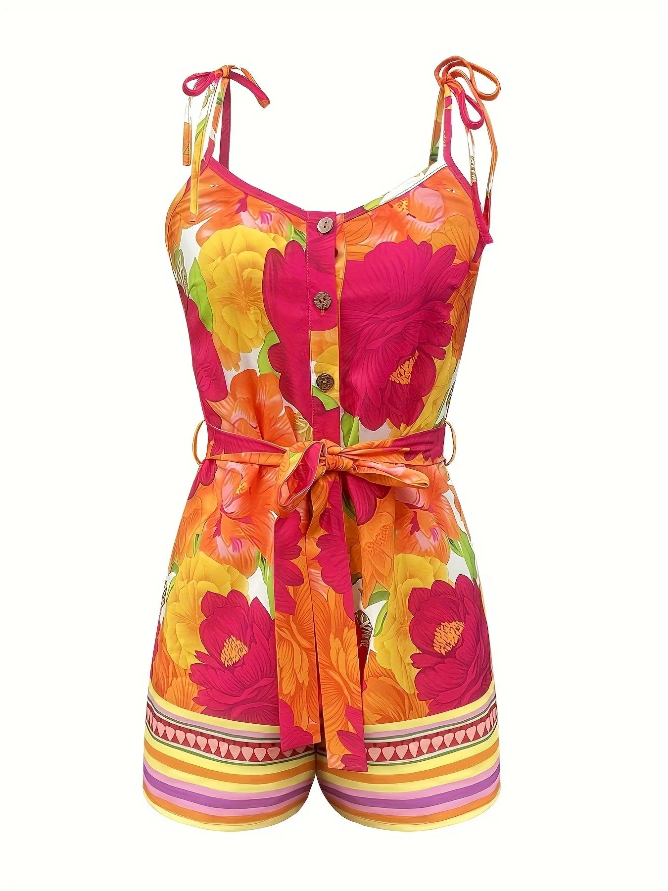 Combinaison short femme élégante motif tropical style été avec ceinture - Look vacances chic - Image 6