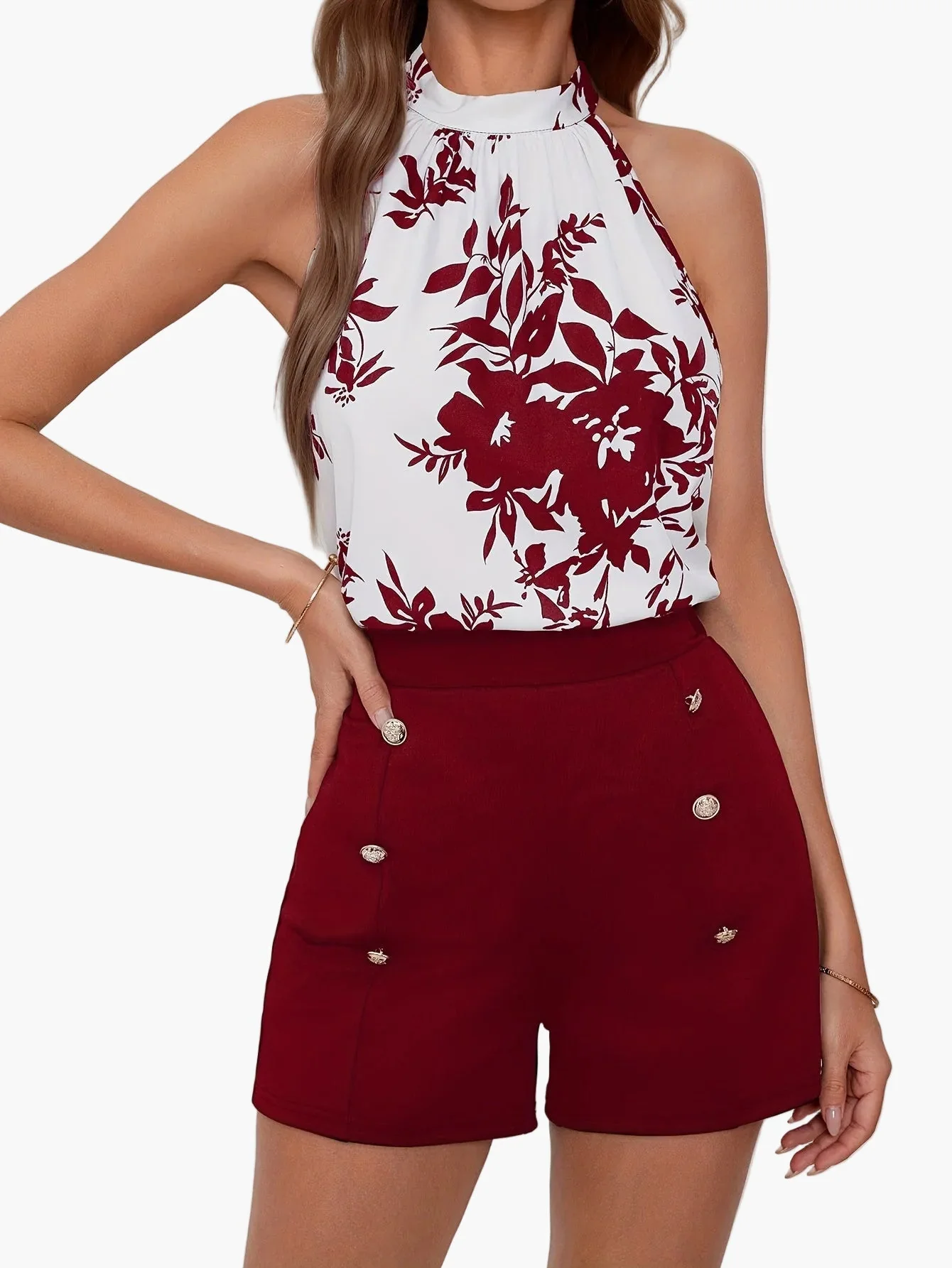 Combinaison short fleurie à col montant pour femme, style vacances élégantes - Image 8