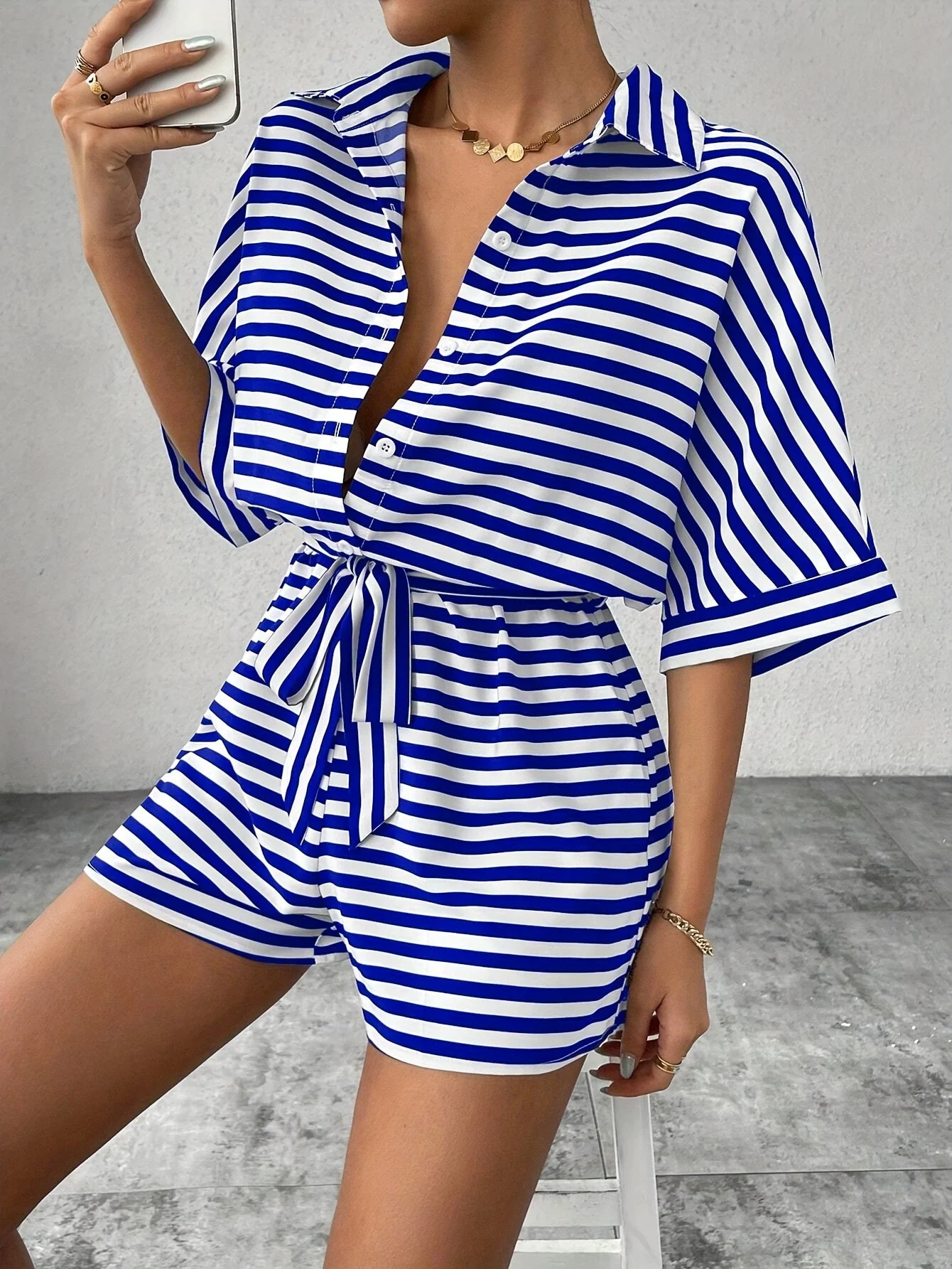 Combishort chemise décontractée à rayures pour femme - Style estival chic et confortable - Image 10