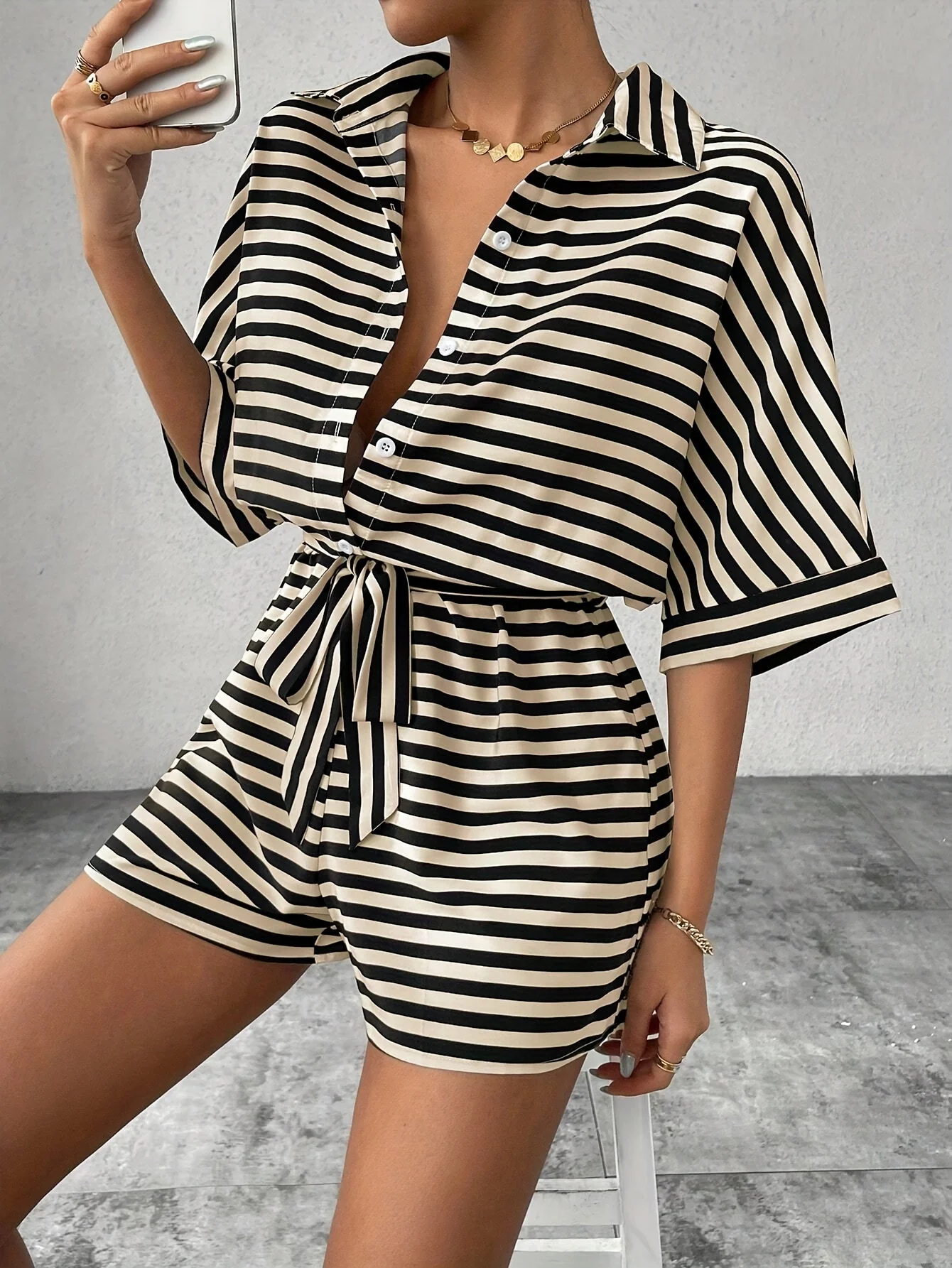 Combishort chemise décontractée à rayures pour femme - Style estival chic et confortable - Image 11