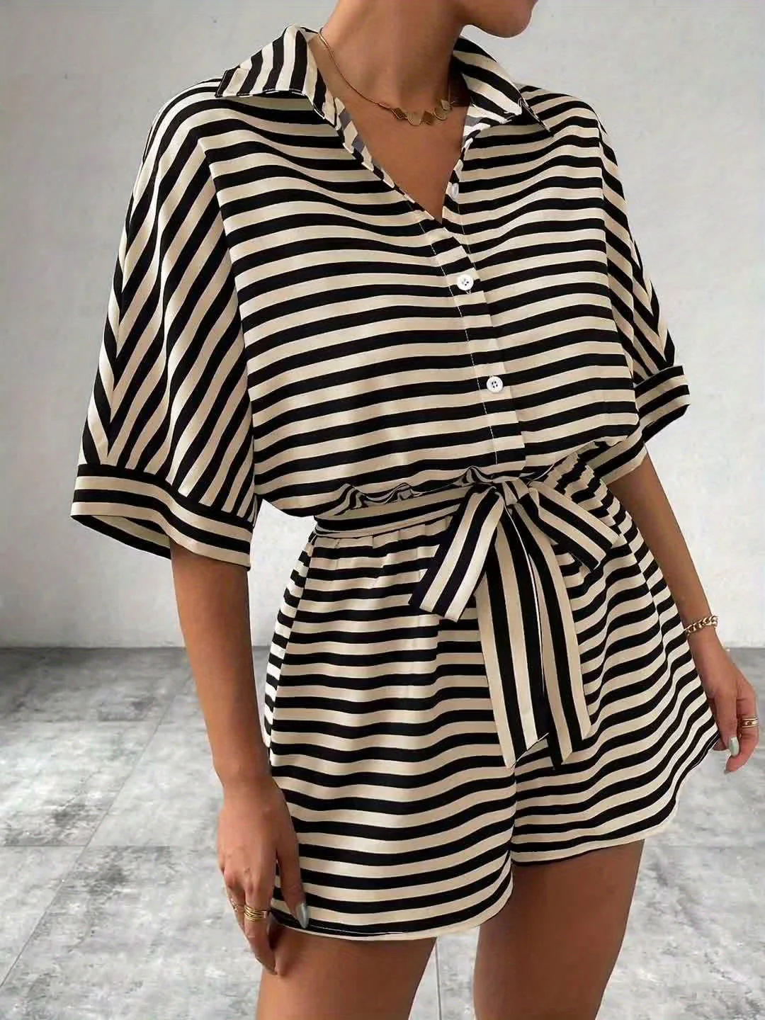 Combishort chemise décontractée à rayures pour femme - Style estival chic et confortable - Image 12