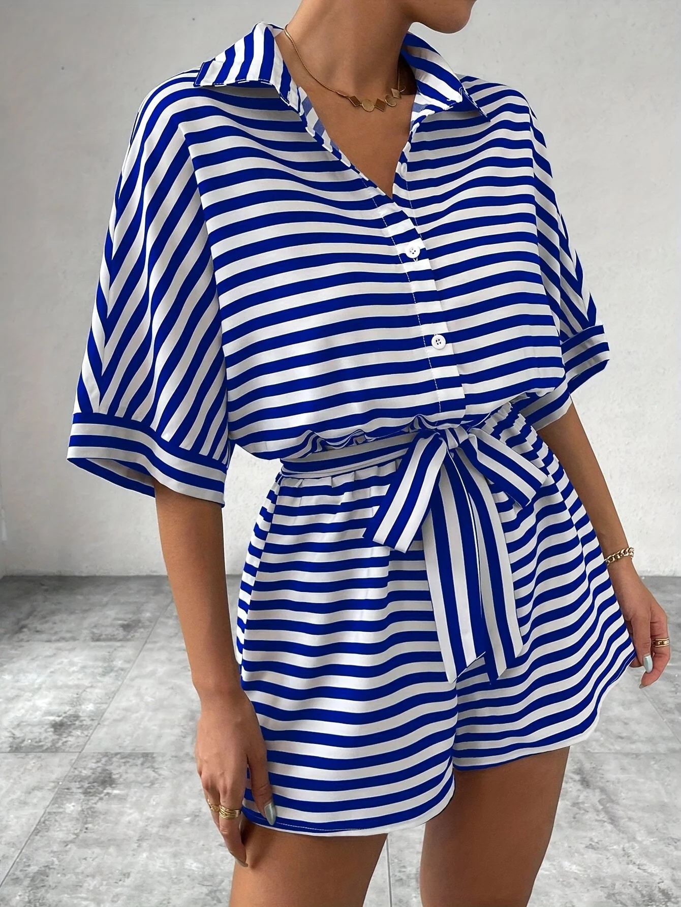 Combishort chemise décontractée à rayures pour femme - Style estival chic et confortable - Image 6