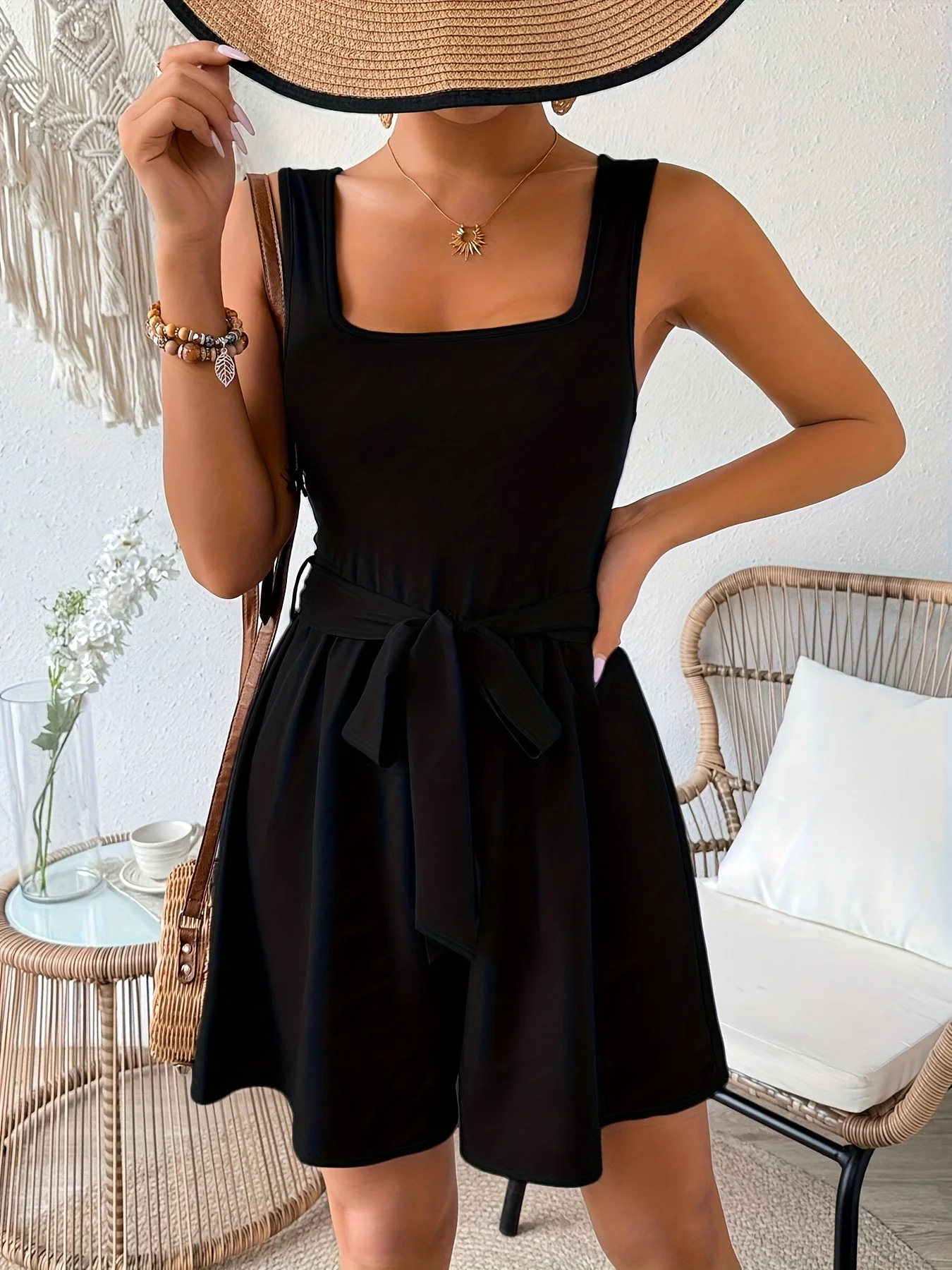 Combishort femme élégante à col carré style décontracté pour l'été et le printemps - Image 5