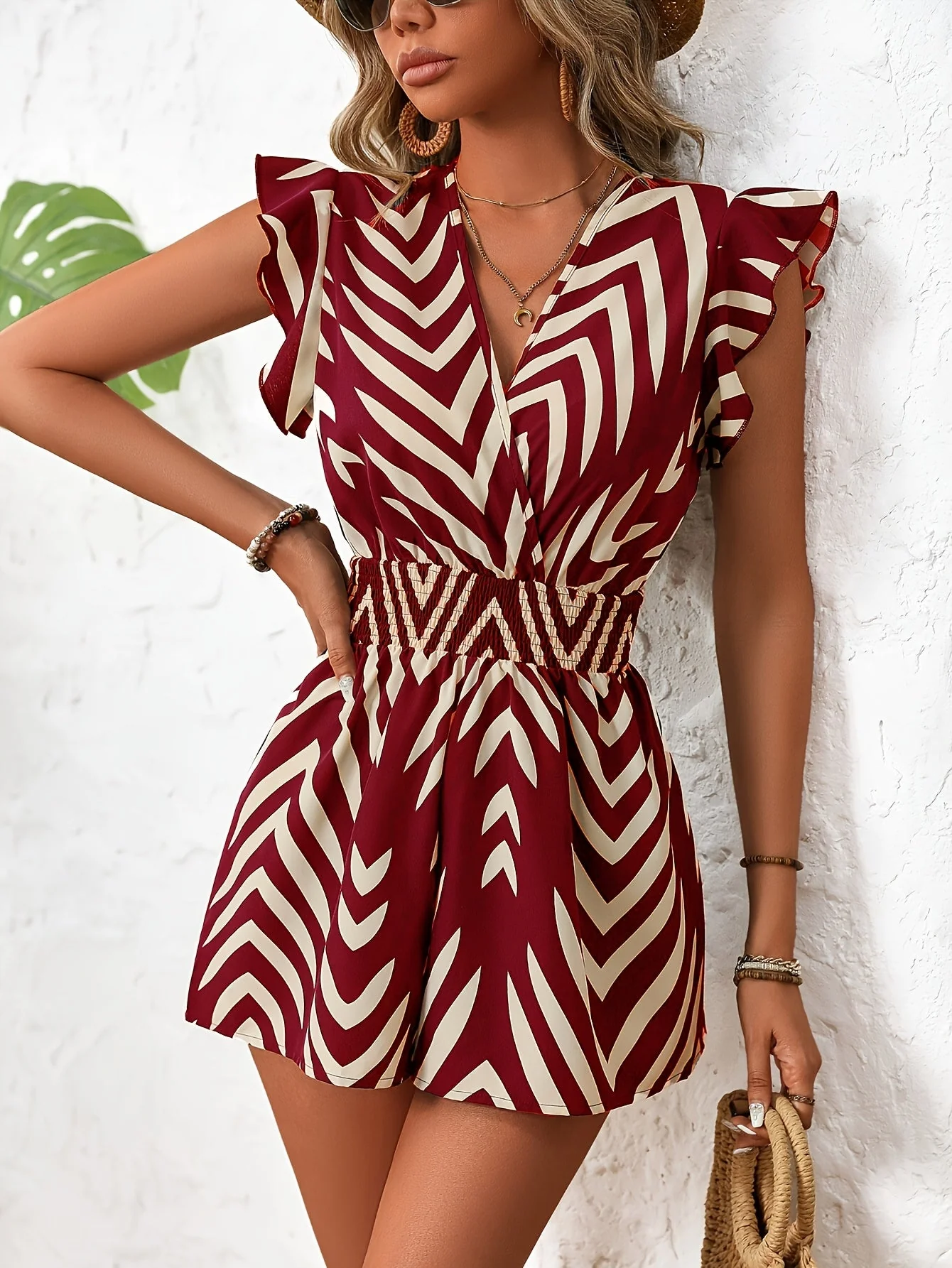 Combishort Femme Élégante à Imprimé Chevron Style Été Décontracté - Image 2
