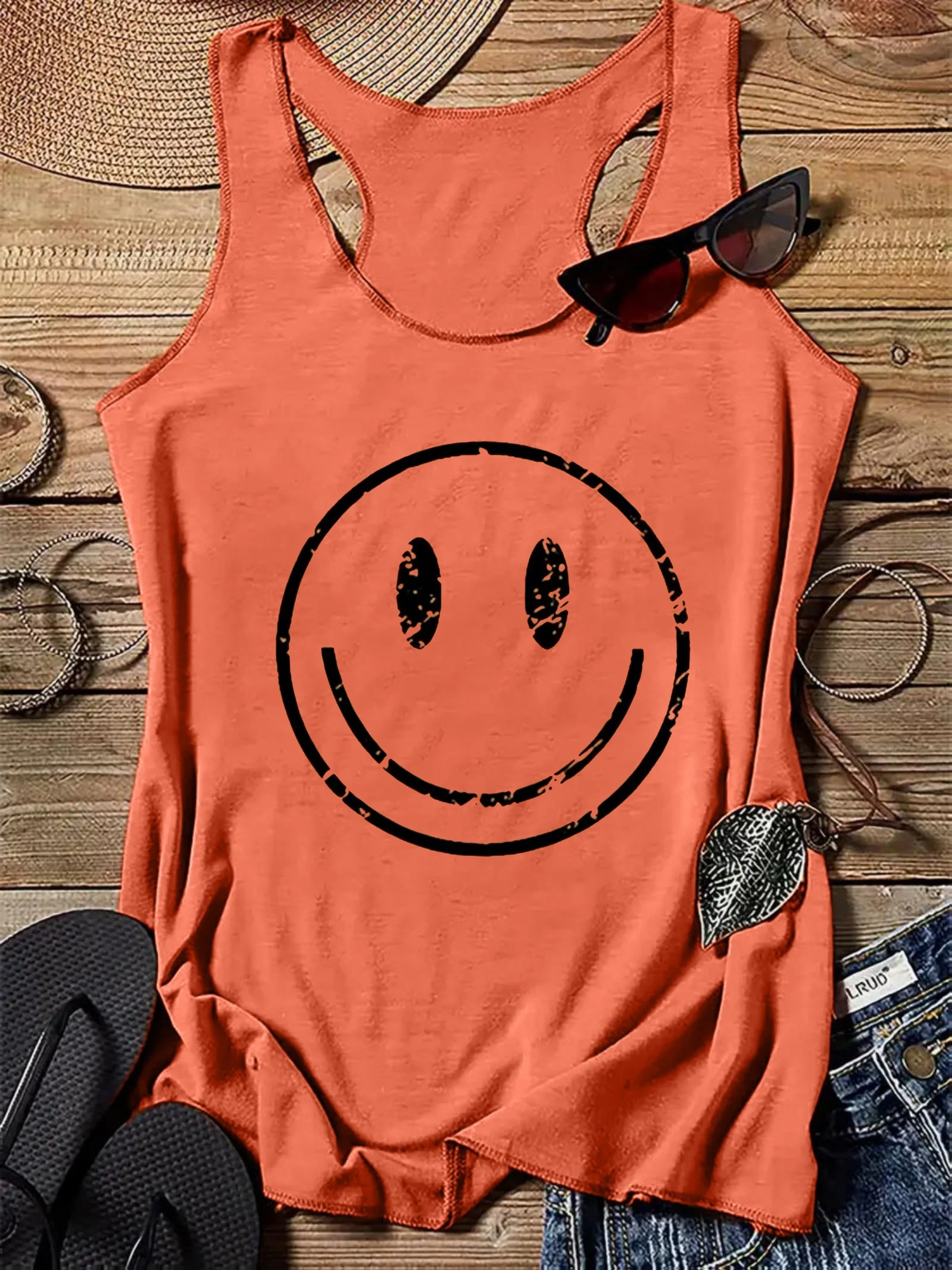 Débardeur décontracté pour femme avec smiley imprimé, style été, idéal pour les loisirs - Image 3