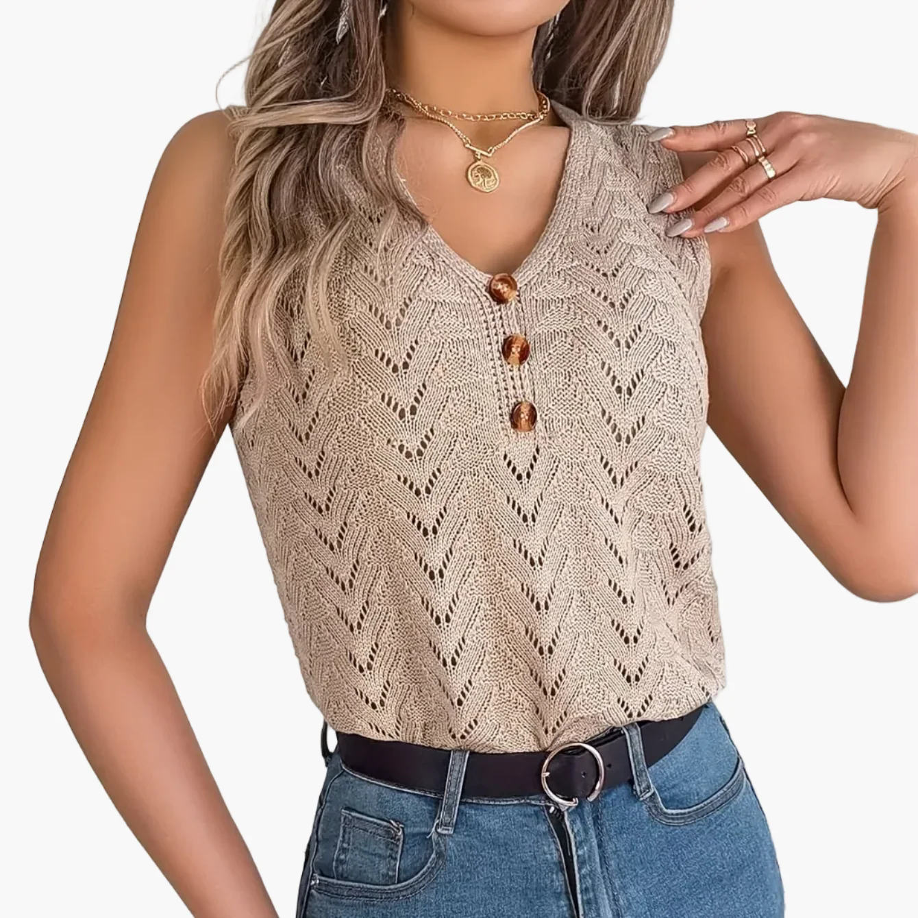 Débardeur femme chic à col V style vacances, sans manches, boutons décoratifs, idéal printemps/été - Image 11