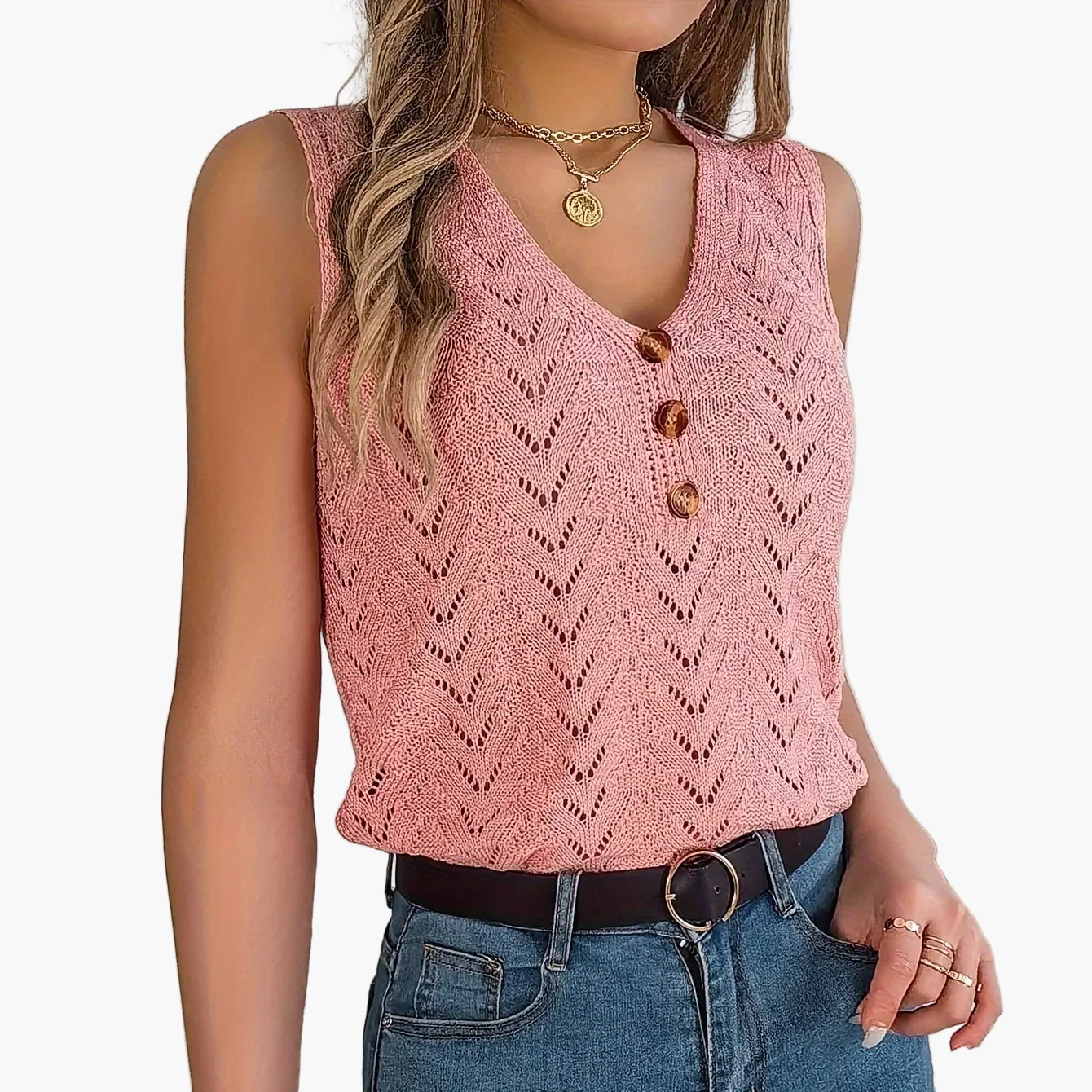 Débardeur femme chic à col V style vacances, sans manches, boutons décoratifs, idéal printemps/été - Image 13