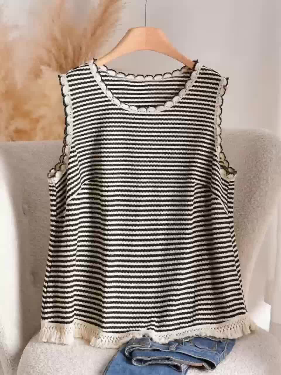 Débardeur femme grande taille style élégant à rayures avec détails à franges, pour printemps et été - Image 11