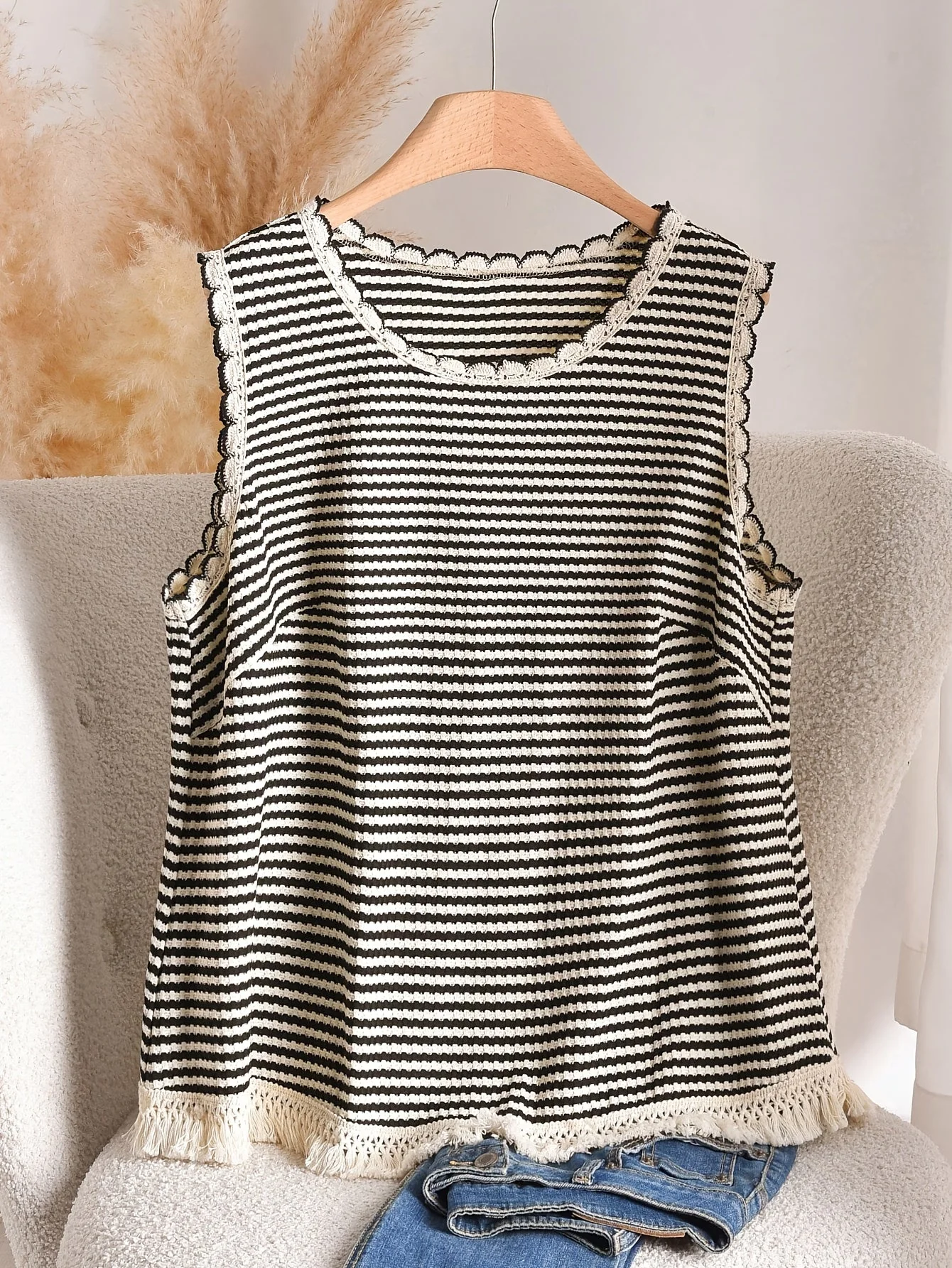 Débardeur femme grande taille style élégant à rayures avec détails à franges, pour printemps et été - Image 2