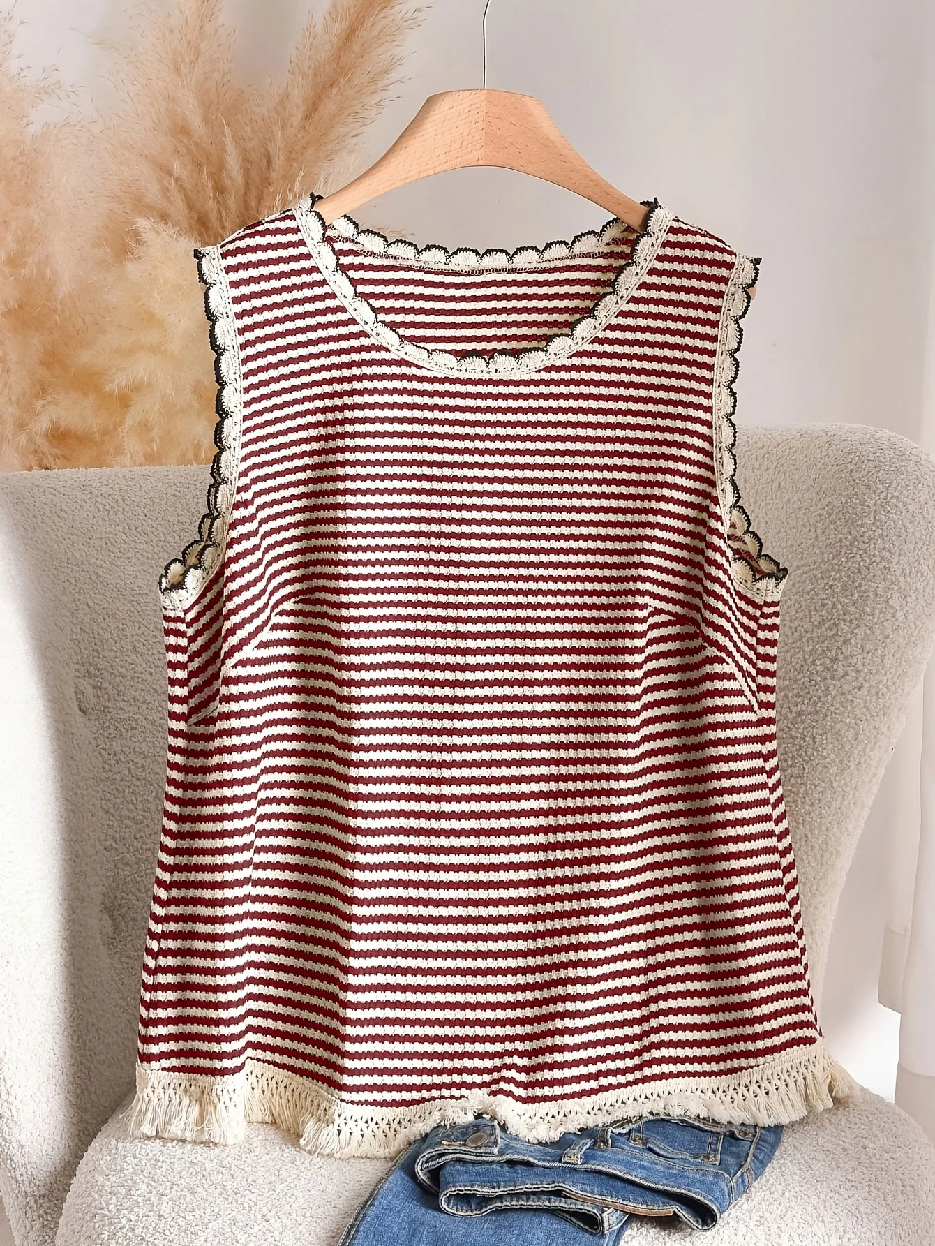 Débardeur femme grande taille style élégant à rayures avec détails à franges, pour printemps et été - Image 3