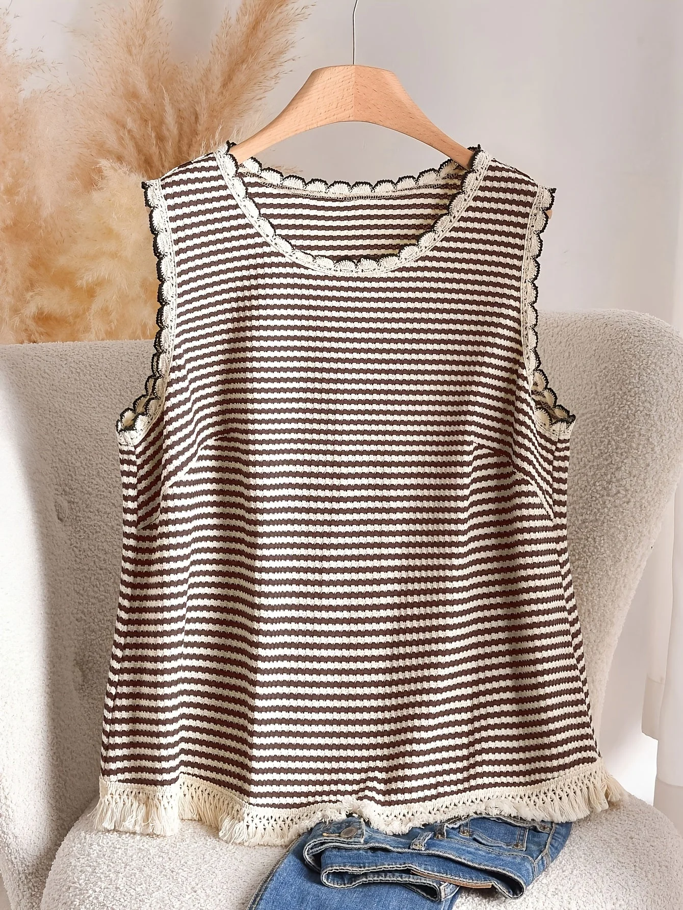 Débardeur femme grande taille style élégant à rayures avec détails à franges, pour printemps et été - Image 4