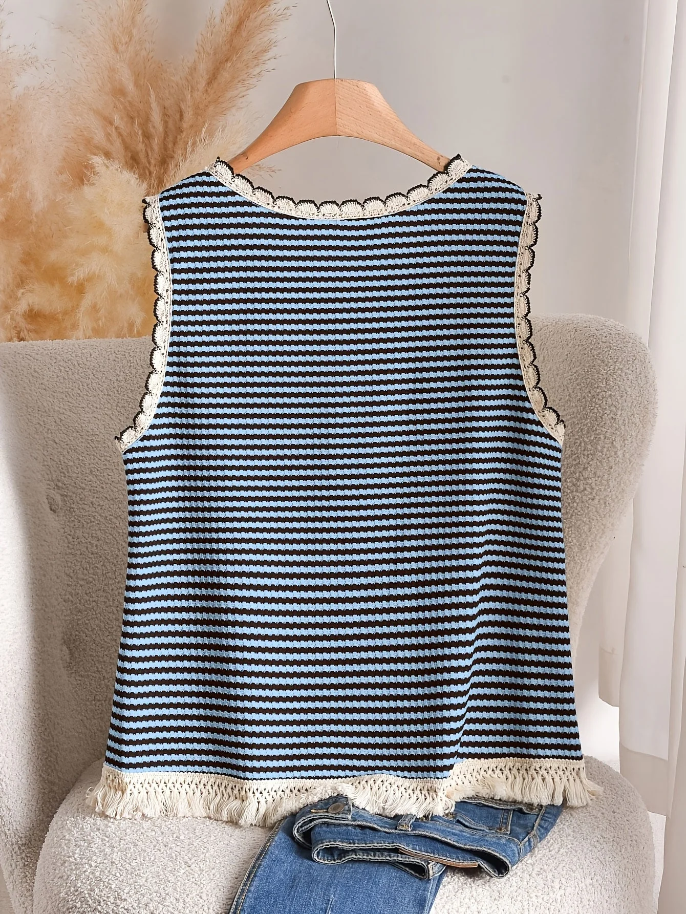 Débardeur femme grande taille style élégant à rayures avec détails à franges, pour printemps et été - Image 5