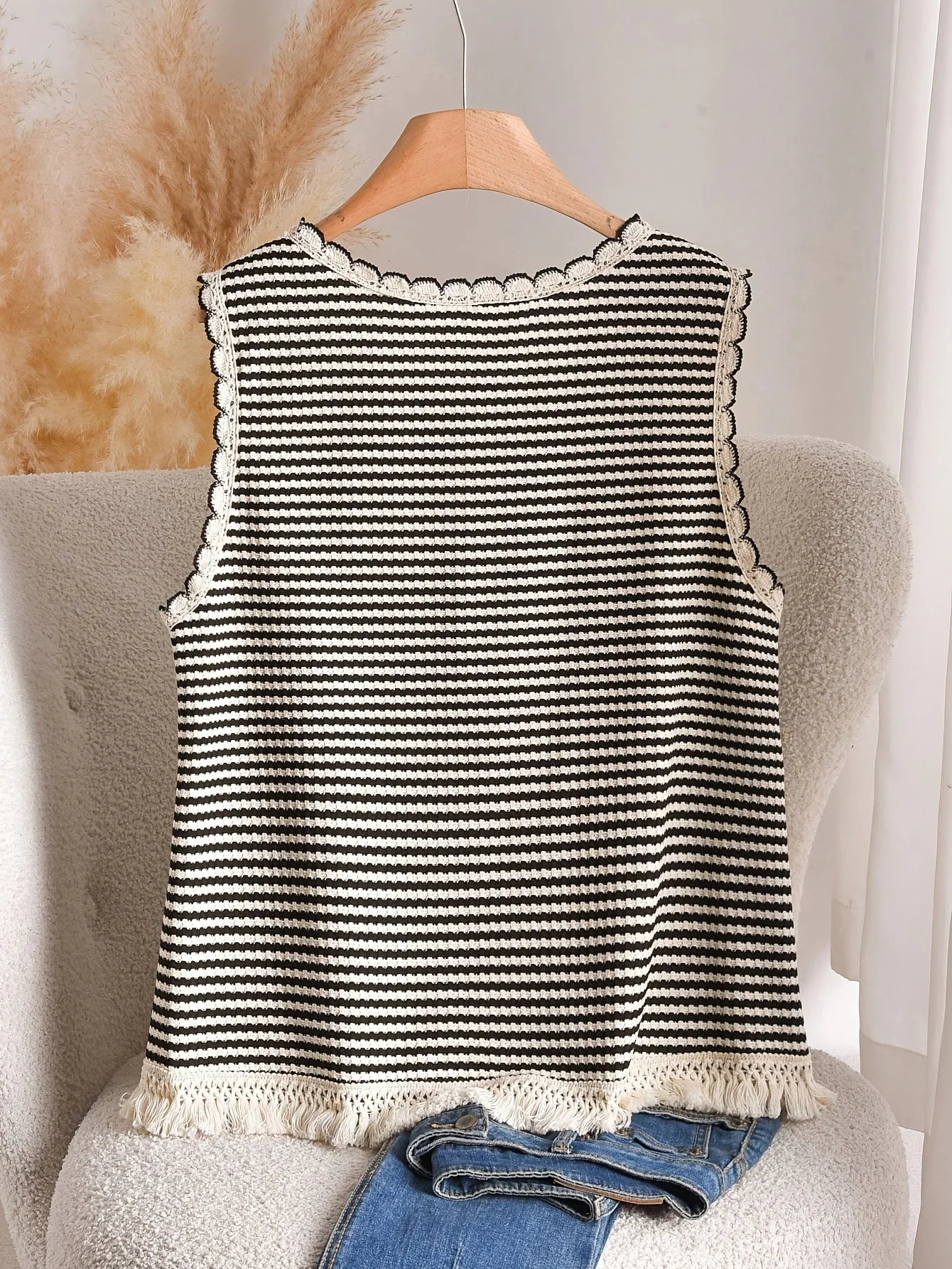 Débardeur femme grande taille style élégant à rayures avec détails à franges, pour printemps et été - Image 6