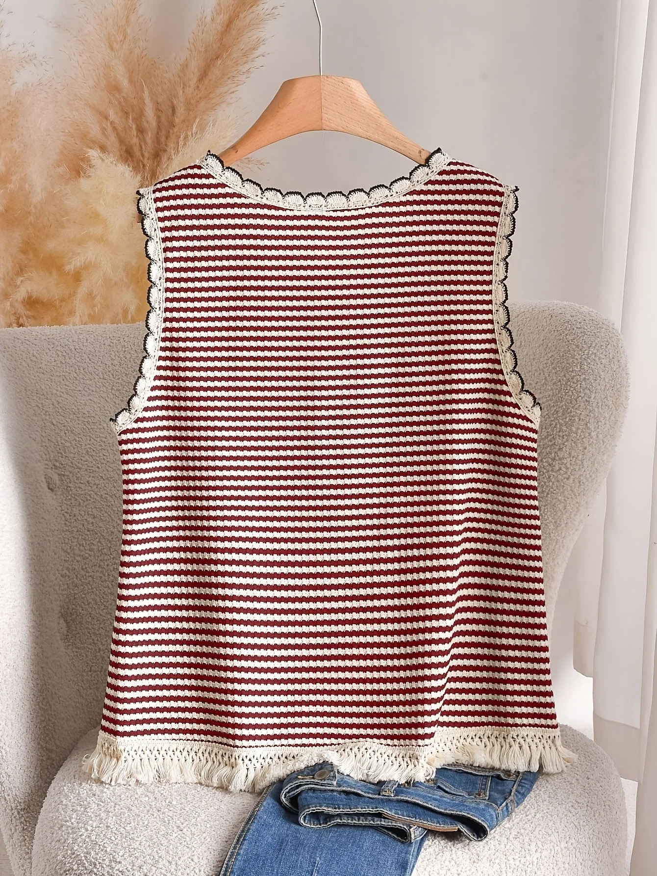 Débardeur femme grande taille style élégant à rayures avec détails à franges, pour printemps et été - Image 7
