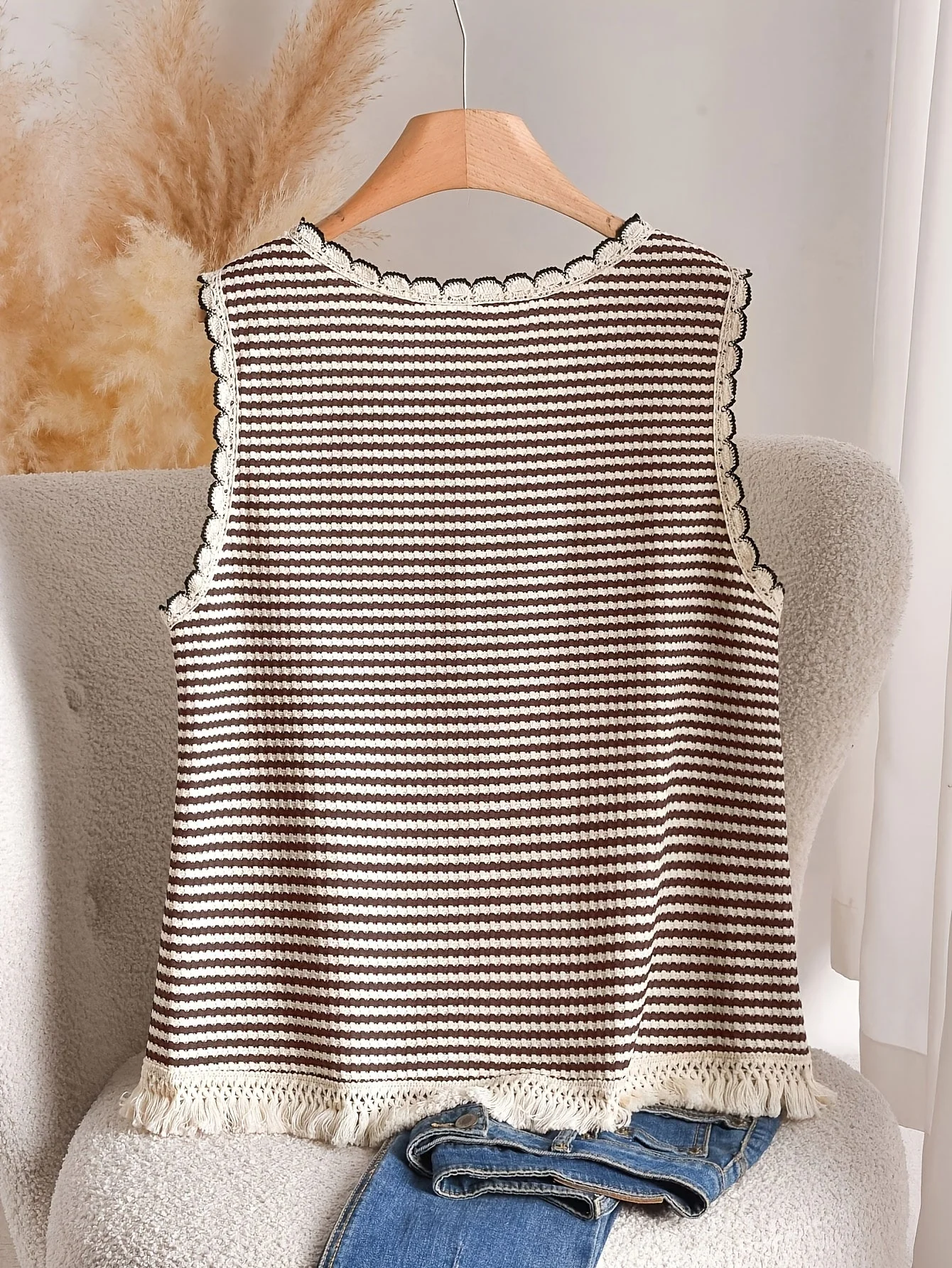 Débardeur femme grande taille style élégant à rayures avec détails à franges, pour printemps et été - Image 8